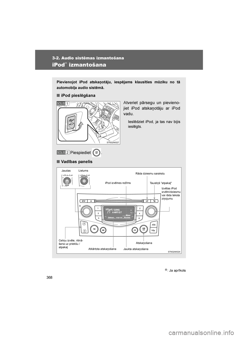 TOYOTA VERSO 2016  Lietošanas Instrukcija (in Latvian) 
368
3-2. Audio sistēmas izmantošana
VERSO_LV_OM64590
iPod∗ izmantošana
∗: Ja aprīkots
Pievienojot iPod atska\botāju, iespējams klausīties mūziku no tā
automobiļa audio sistēmā.
■iPo