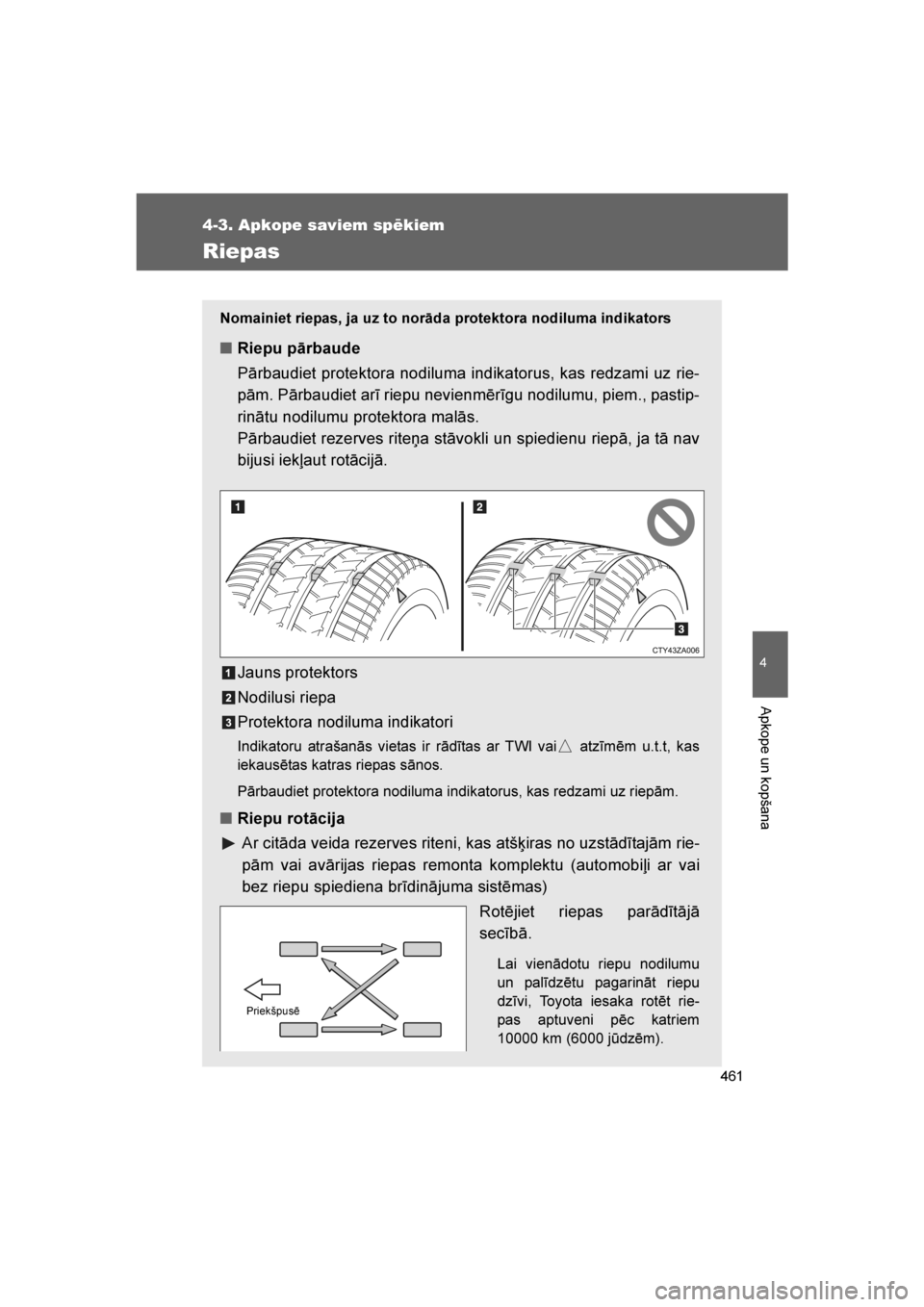 TOYOTA VERSO 2016  Lietošanas Instrukcija (in Latvian) 
461
4-3. Apkope saviem spēkiem
4
Apkope un kopšana
VERSO_LV_OM64590
Riepas
Nomainiet riepas, ja uz to norāda protektora nodiluma indikators
■Riepu pārbaude
Pārbaudiet protektora nodiluma indik