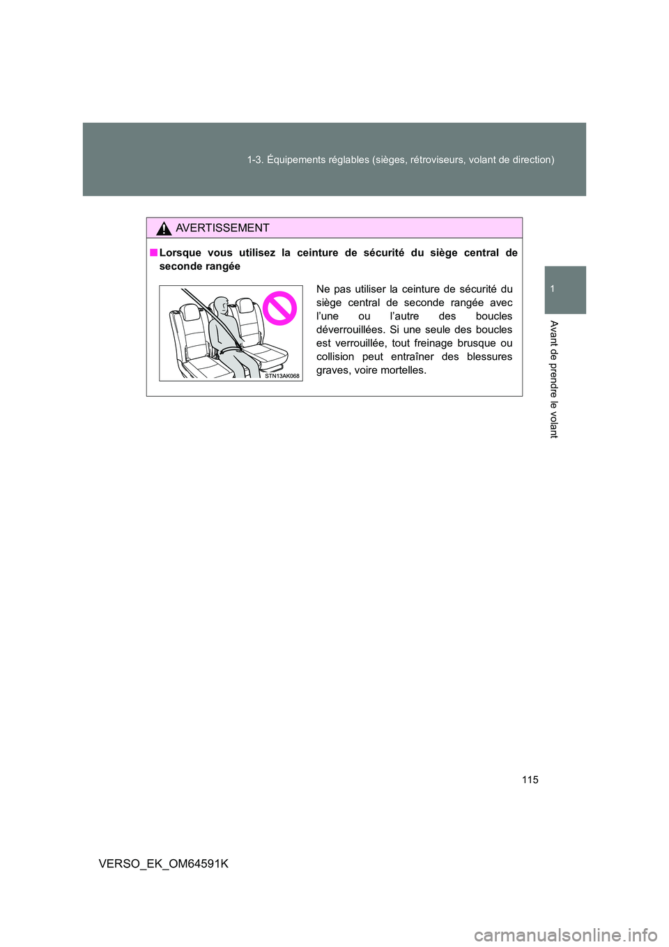 TOYOTA VERSO 2016  Notices Demploi (in French) 115 
1-3. Équipements réglables (sièges, rétroviseurs, volant de direction)
1
Avant de prendre le volant
VERSO_EK_OM64591K
AVERTISSEMENT
■ Lorsque vous utilisez la ceinture de sécurité du siè