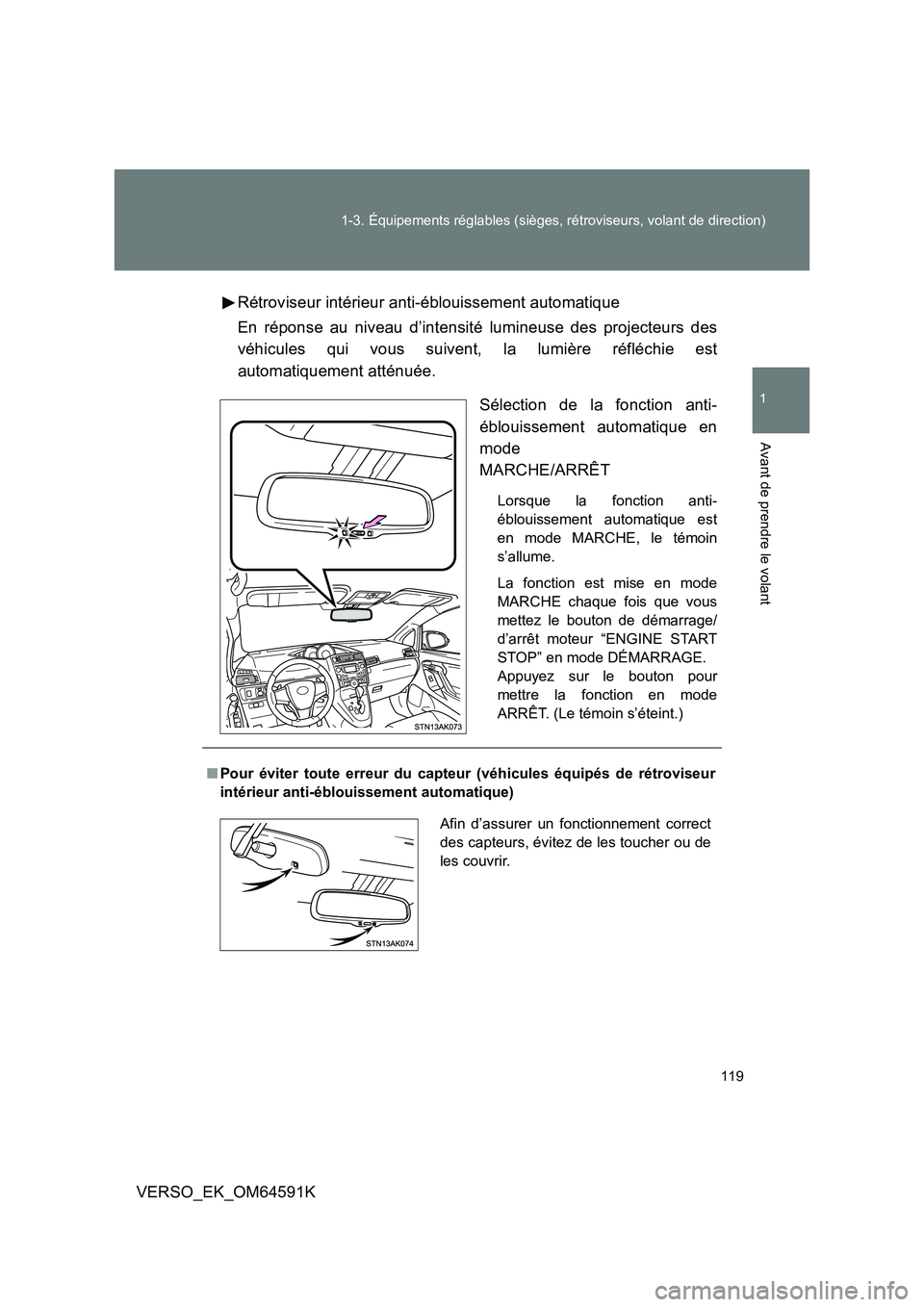 TOYOTA VERSO 2016  Notices Demploi (in French) 119 
1-3. Équipements réglables (sièges, rétroviseurs, volant de direction)
1
Avant de prendre le volant
VERSO_EK_OM64591K 
Rétroviseur intérieur anti-éblouissement automatique 
En réponse au 