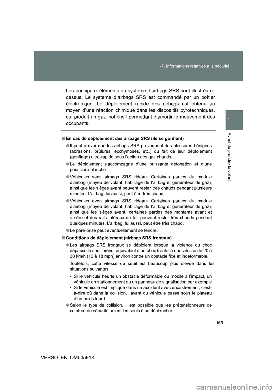 TOYOTA VERSO 2016 Notices Demploi (in French) 165
1-7. Informations relatives à la sécurité
1
Avant de prendre le volant
VERSO_EK_OM64591K
Les principaux éléments du système d’airbags SRS sont illustrés ci-
dessus. Le système d’air TOYOTA VERSO 2016 Notices Demploi (in French) 165
1-7. Informations relatives à la sécurité
1
Avant de prendre le volant
VERSO_EK_OM64591K
Les principaux éléments du système d’airbags SRS sont illustrés ci-
dessus. Le système d’air