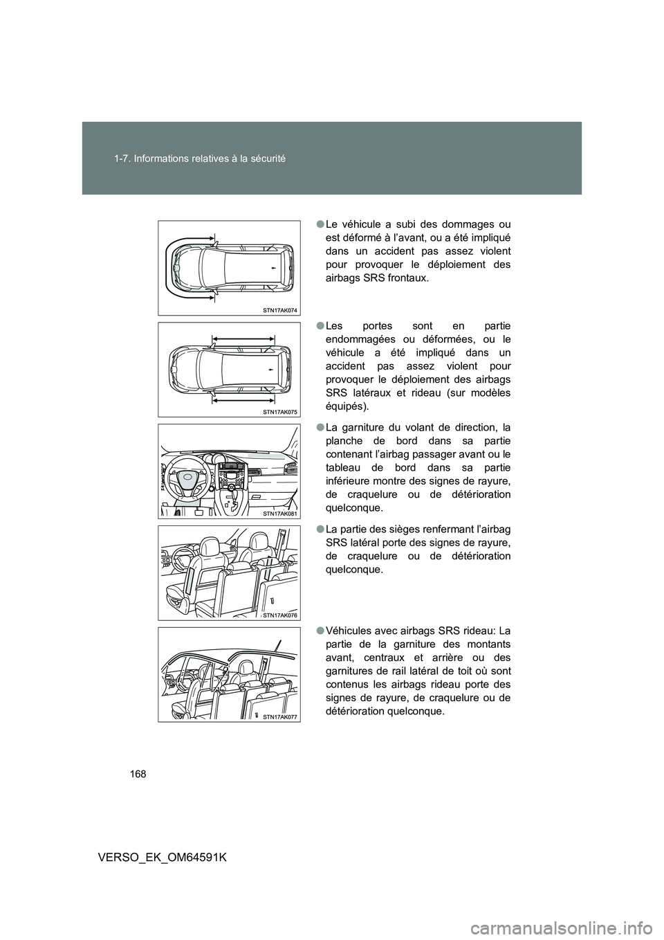 TOYOTA VERSO 2016 Notices Demploi (in French) 168
1-7. Informations relatives à la sécurité
VERSO_EK_OM64591K
● Le véhicule a subi des dommages ou
est déformé à l’avant, ou a été impliqué
dans un accident pas assez violent
pour pr TOYOTA VERSO 2016 Notices Demploi (in French) 168
1-7. Informations relatives à la sécurité
VERSO_EK_OM64591K
● Le véhicule a subi des dommages ou
est déformé à l’avant, ou a été impliqué
dans un accident pas assez violent
pour pr