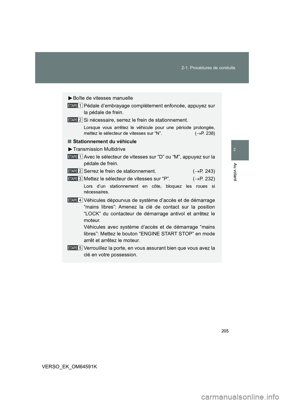 TOYOTA VERSO 2016 Notices Demploi (in French) 205
2-1. Procédures de conduite
2
Au volant
VERSO_EK_OM64591K
Boîte de vitesses manuelle
Pédale d’embrayage complètement enfoncée, appuyez sur
la pédale de frein.
Si nécessaire, serrez le TOYOTA VERSO 2016 Notices Demploi (in French) 205
2-1. Procédures de conduite
2
Au volant
VERSO_EK_OM64591K
Boîte de vitesses manuelle
Pédale d’embrayage complètement enfoncée, appuyez sur
la pédale de frein.
Si nécessaire, serrez le