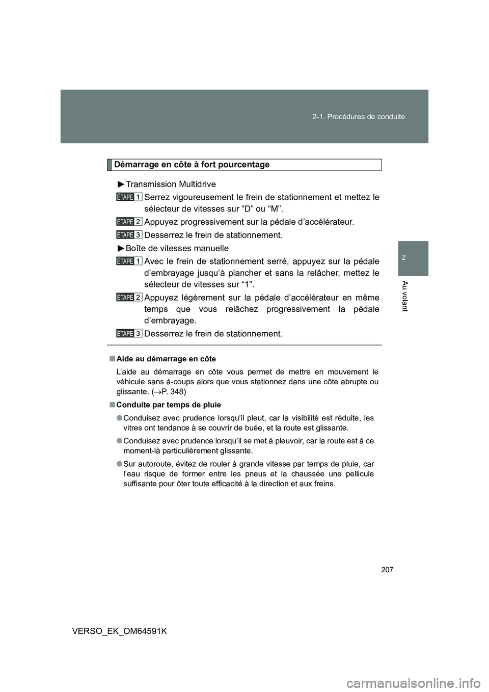 TOYOTA VERSO 2016 Notices Demploi (in French) 207
2-1. Procédures de conduite
2
Au volant
VERSO_EK_OM64591K
Démarrage en côte à fort pourcentage
Transmission Multidrive
Serrez vigoureusement le frein de stationnement et mettez le
sélecte TOYOTA VERSO 2016 Notices Demploi (in French) 207
2-1. Procédures de conduite
2
Au volant
VERSO_EK_OM64591K
Démarrage en côte à fort pourcentage
Transmission Multidrive
Serrez vigoureusement le frein de stationnement et mettez le
sélecte