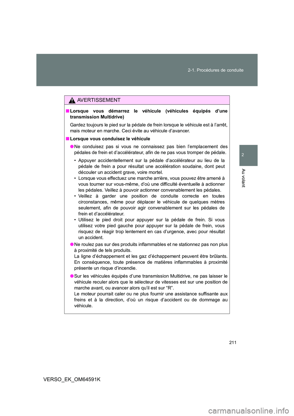 TOYOTA VERSO 2016 Notices Demploi (in French) 211
2-1. Procédures de conduite
2
Au volant
VERSO_EK_OM64591K
AVERTISSEMENT
■ Lorsque vous démarrez le véhicule (véhicules équipés d’une
transmission Multidrive)
Gardez toujours le pied s TOYOTA VERSO 2016 Notices Demploi (in French) 211
2-1. Procédures de conduite
2
Au volant
VERSO_EK_OM64591K
AVERTISSEMENT
■ Lorsque vous démarrez le véhicule (véhicules équipés d’une
transmission Multidrive)
Gardez toujours le pied s