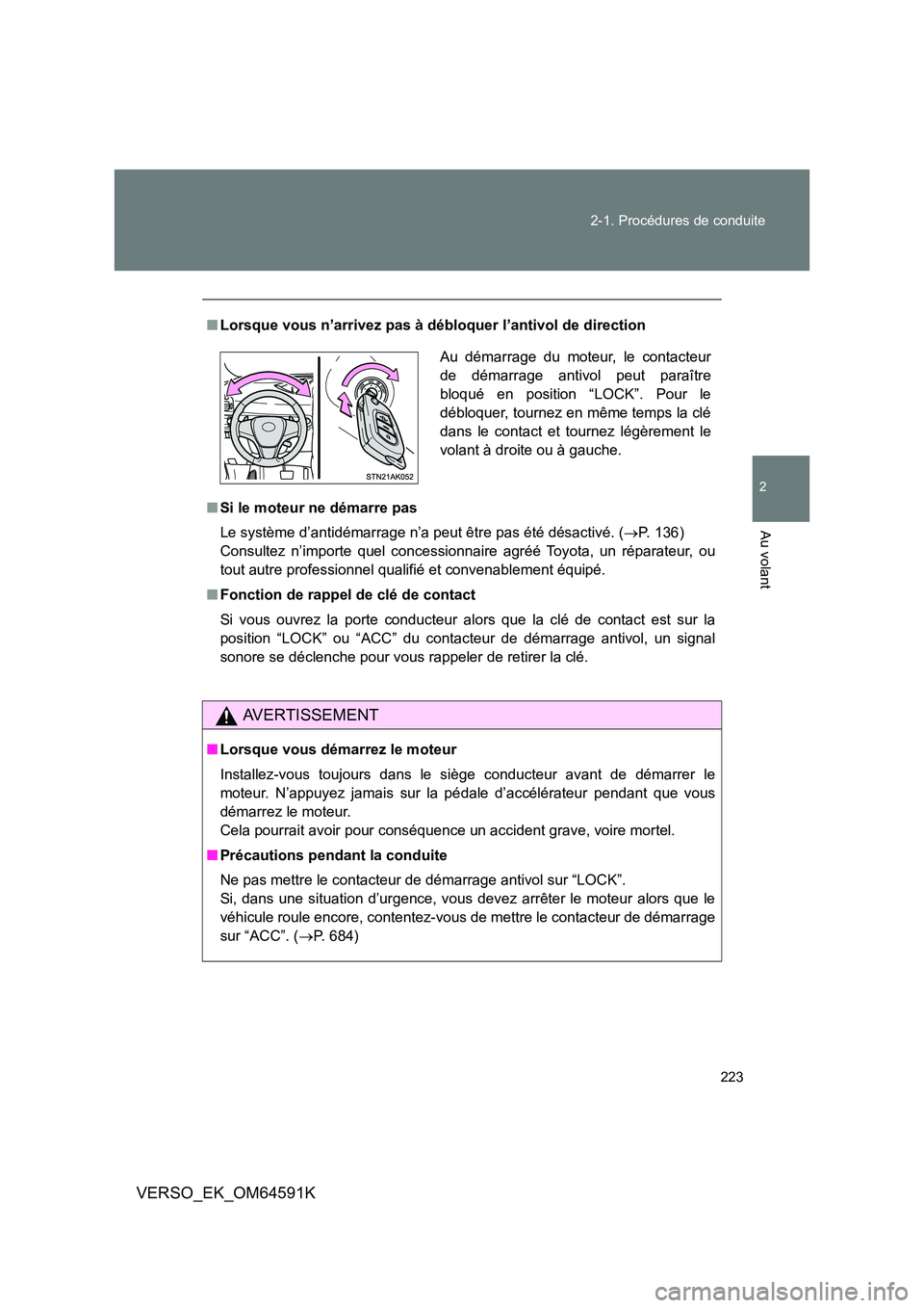 TOYOTA VERSO 2016 Notices Demploi (in French) 223
2-1. Procédures de conduite
2
Au volant
VERSO_EK_OM64591K
■ Lorsque vous n’arrivez pas à débloquer l’antivol de direction
■ Si le moteur ne démarre pas
Le système d’antidémarrag TOYOTA VERSO 2016 Notices Demploi (in French) 223
2-1. Procédures de conduite
2
Au volant
VERSO_EK_OM64591K
■ Lorsque vous n’arrivez pas à débloquer l’antivol de direction
■ Si le moteur ne démarre pas
Le système d’antidémarrag