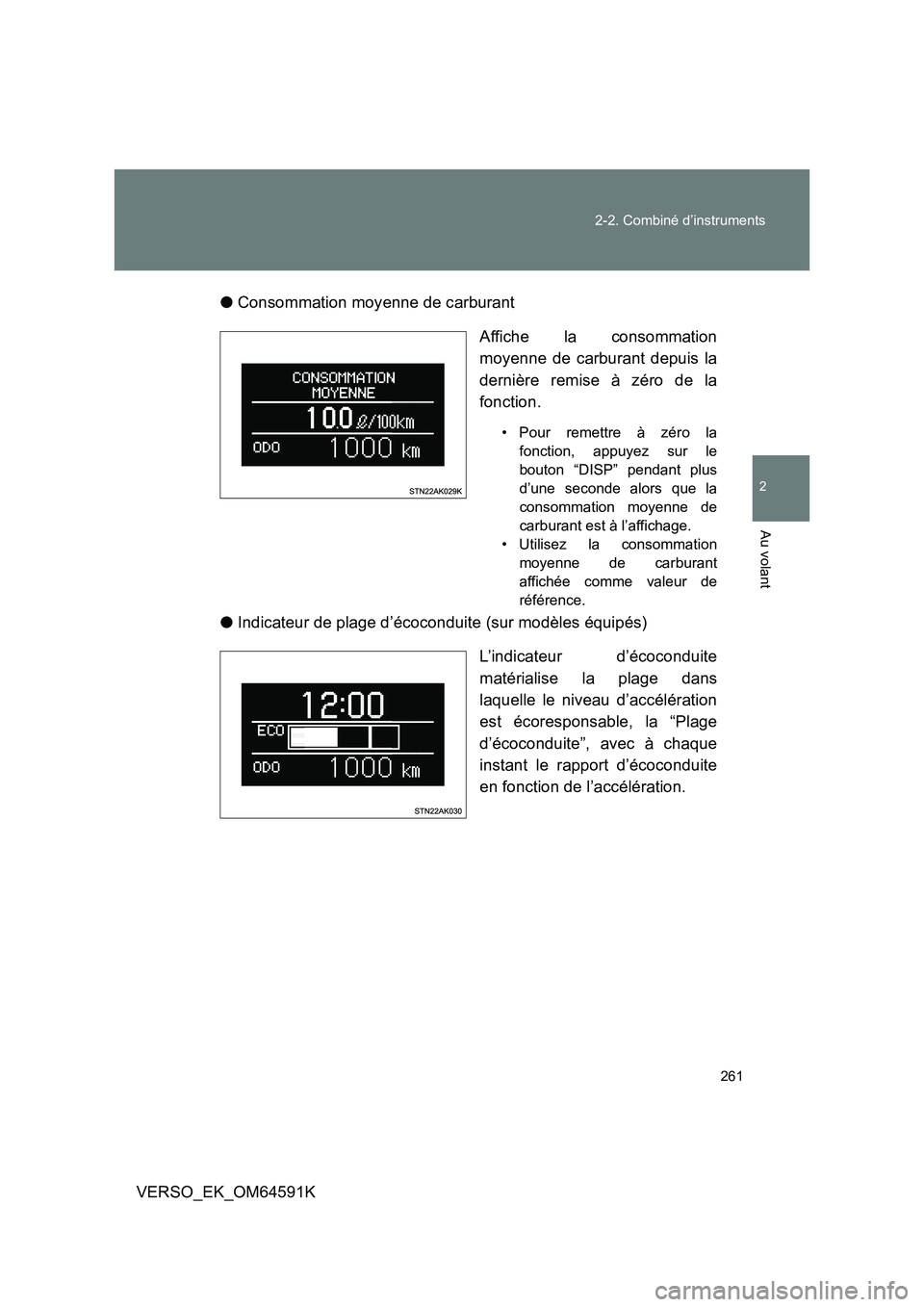 TOYOTA VERSO 2016  Notices Demploi (in French) 261 
2-2. Combiné d’instruments
2
Au volant
VERSO_EK_OM64591K 
● Consommation moyenne de carburant 
Affiche la consommation 
moyenne de carburant depuis la 
dernière remise à zéro de la
foncti