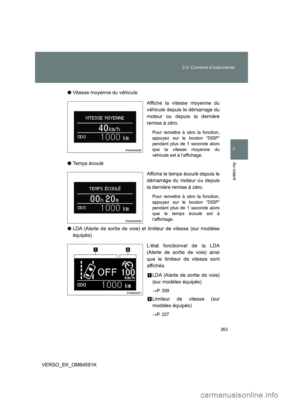 TOYOTA VERSO 2016  Notices Demploi (in French) 263 
2-2. Combiné d’instruments
2
Au volant
VERSO_EK_OM64591K 
● Vitesse moyenne du véhicule 
Affiche la vitesse moyenne du 
véhicule depuis le démarrage du 
moteur ou depuis la dernière
remi