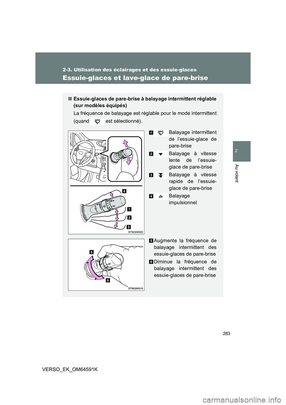 TOYOTA VERSO 2016  Notices Demploi (in French) 283
2-3. Utilisation des éclairages et des essuie-glaces
2
Au volant
VERSO_EK_OM64591K
Essuie-glaces et lave-glace de pare-brise
■Essuie-glaces de pare-brise à balayage intermittent réglable 
(su