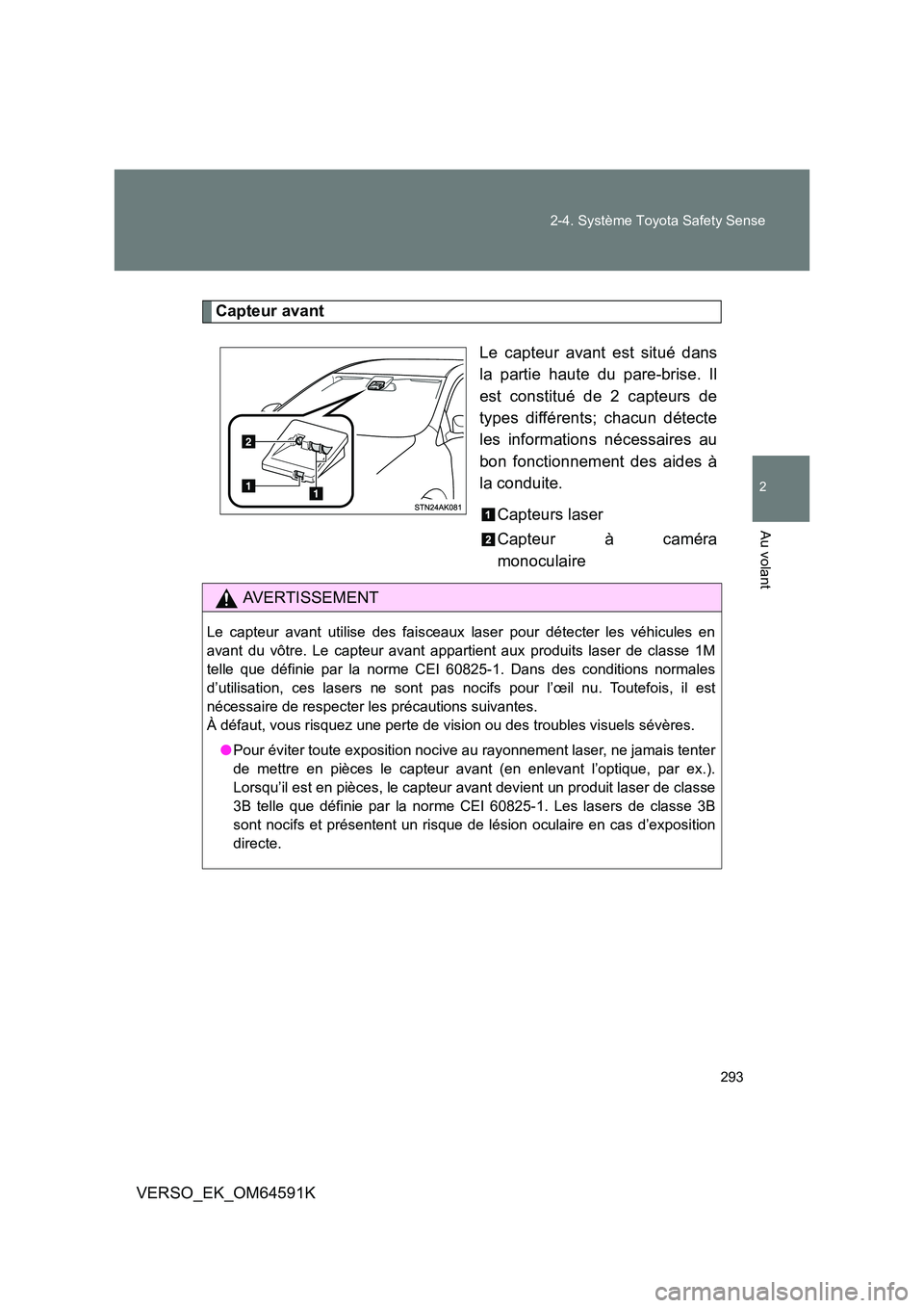 TOYOTA VERSO 2016 Notices Demploi (in French) 293
2-4. Système Toyota Safety Sense
2
Au volant
VERSO_EK_OM64591K
Capteur avant
Le capteur avant est situé dans
la partie haute du pare-brise. Il
est constitué de 2 capteurs de
types différen TOYOTA VERSO 2016 Notices Demploi (in French) 293
2-4. Système Toyota Safety Sense
2
Au volant
VERSO_EK_OM64591K
Capteur avant
Le capteur avant est situé dans
la partie haute du pare-brise. Il
est constitué de 2 capteurs de
types différen