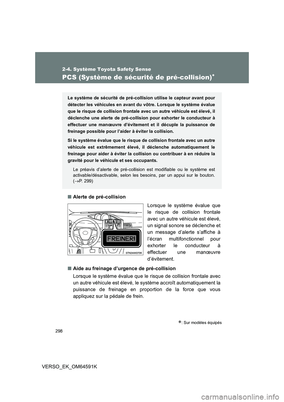 TOYOTA VERSO 2016 Notices Demploi (in French) 298
2-4. Système Toyota Safety Sense
VERSO_EK_OM64591K
PCS (Système de sécurité de pré-collision)
■Alerte de pré-collision
Lorsque le système évalue que
le risque de collision frontale
TOYOTA VERSO 2016 Notices Demploi (in French) 298
2-4. Système Toyota Safety Sense
VERSO_EK_OM64591K
PCS (Système de sécurité de pré-collision)
■Alerte de pré-collision
Lorsque le système évalue que
le risque de collision frontale