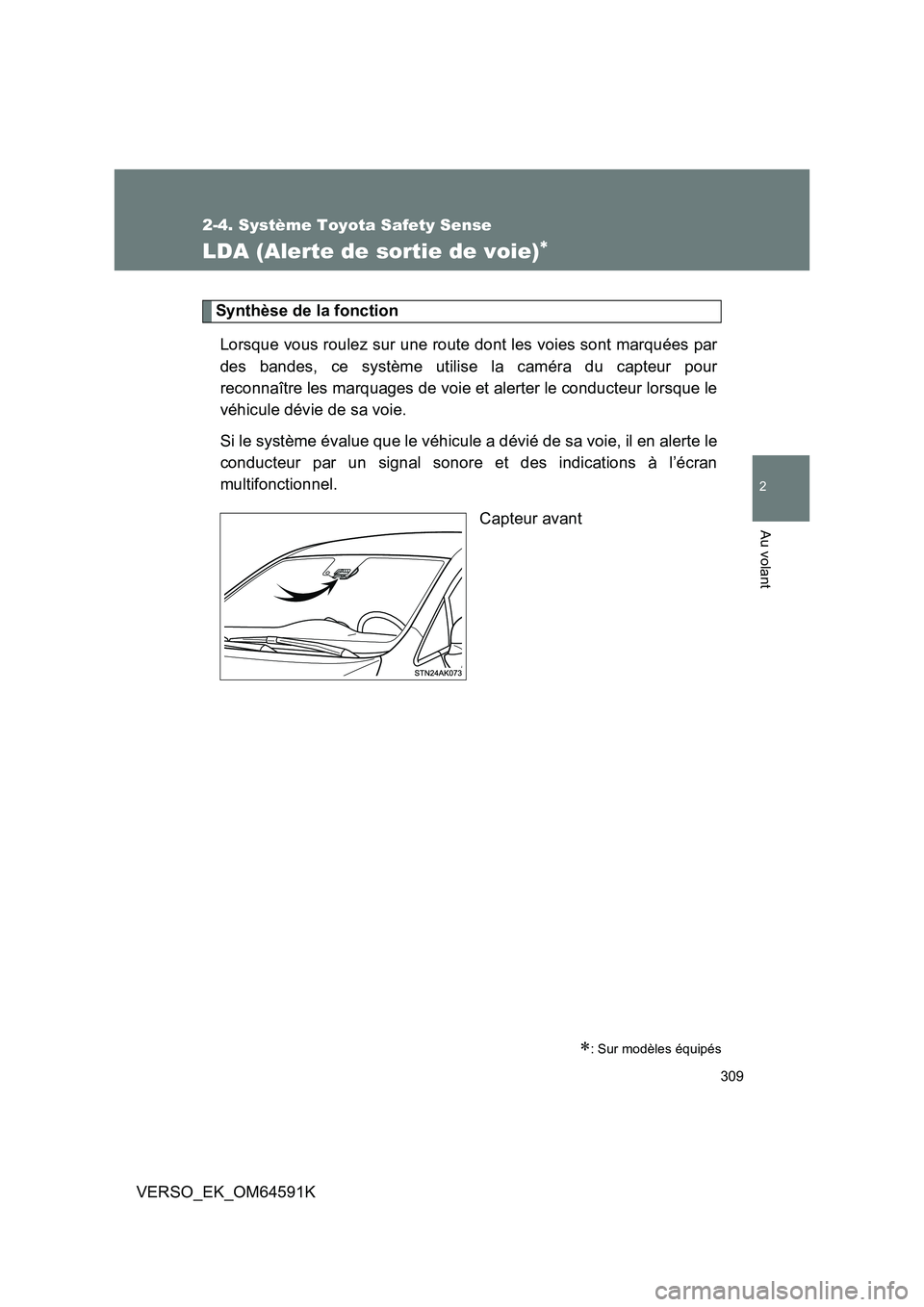 TOYOTA VERSO 2016  Notices Demploi (in French) 309
2-4. Système Toyota Safety Sense
2
Au volant
VERSO_EK_OM64591K
LDA (Alerte de sortie de voie)
Synthèse de la fonction 
Lorsque vous roulez sur une route dont les voies sont marquées par 
des