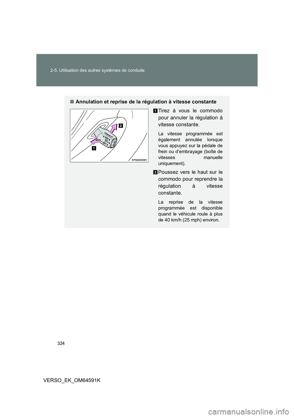 TOYOTA VERSO 2016  Notices Demploi (in French) 324 
2-5. Utilisation des autres systèmes de conduite
VERSO_EK_OM64591K
■ Annulation et reprise de la régulation à vitesse constante 
Tirez à vous le commodo 
pour annuler la régulation à 
vit