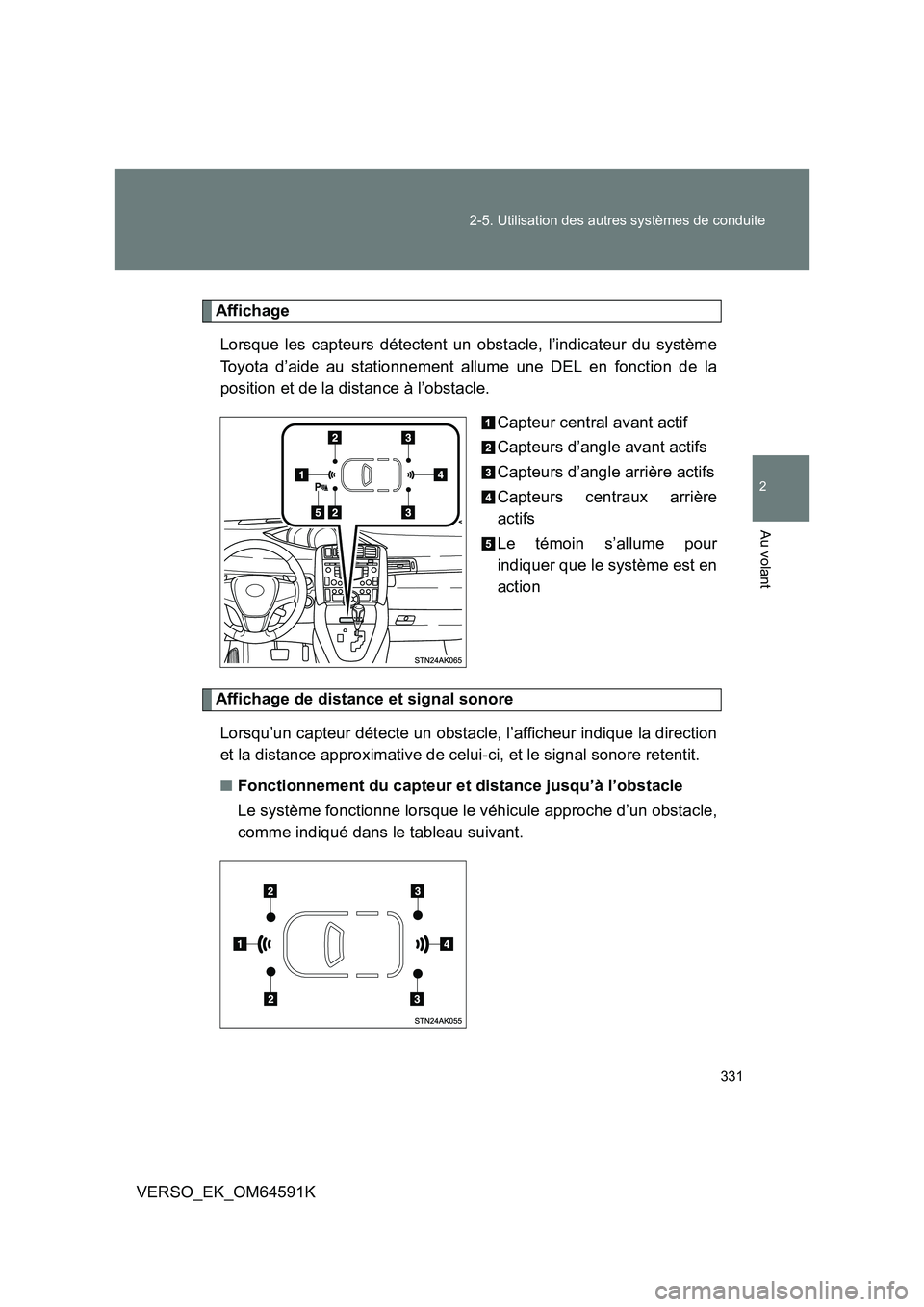 TOYOTA VERSO 2016  Notices Demploi (in French) 331 
2-5. Utilisation des autres systèmes de conduite
2
Au volant
VERSO_EK_OM64591K
Affichage 
Lorsque les capteurs détectent un obstacle, l’indicateur du système 
Toyota d’aide au stationnemen