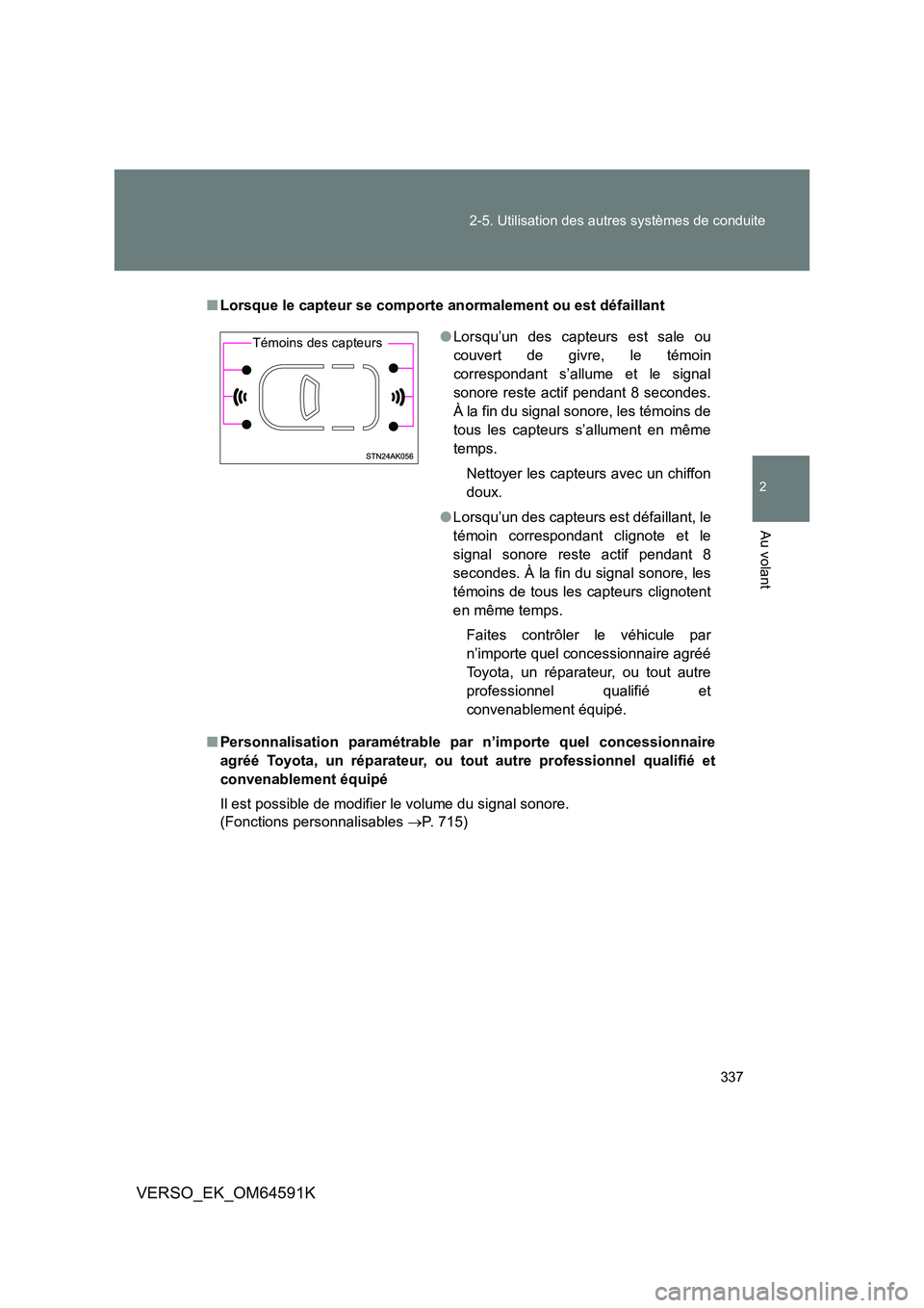 TOYOTA VERSO 2016  Notices Demploi (in French) 337 
2-5. Utilisation des autres systèmes de conduite
2
Au volant
VERSO_EK_OM64591K
■ Lorsque le capteur se comporte anormalement ou est défaillant 
■ Personnalisation paramétrable par n’impo