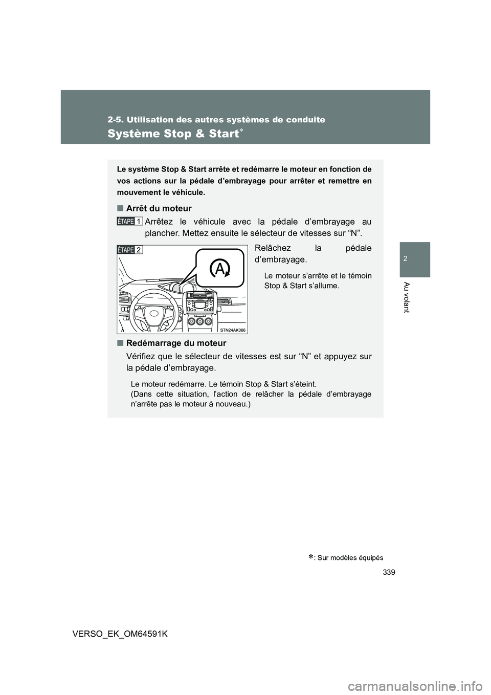 TOYOTA VERSO 2016  Notices Demploi (in French) 339
2-5. Utilisation des autres systèmes de conduite
2
Au volant
VERSO_EK_OM64591K
Système Stop & Start
: Sur modèles équipés
Le système Stop & Start arrête et redémarre le moteur en fon