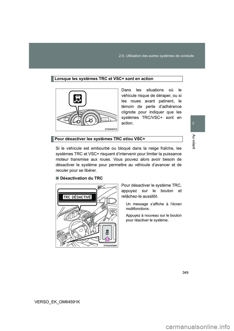 TOYOTA VERSO 2016  Notices Demploi (in French) 349 
2-5. Utilisation des autres systèmes de conduite
2
Au volant
VERSO_EK_OM64591K
Lorsque les systèmes TRC et VSC+ sont en action 
Dans les situations où le 
véhicule risque de déraper, ou si
l