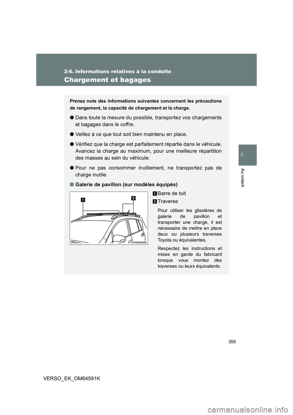 TOYOTA VERSO 2016  Notices Demploi (in French) 355
2
Au volant
VERSO_EK_OM64591K
2-6. Informations relatives à la conduite
Chargement et bagages
Prenez note des informations suivantes concernant les précautions 
de rangement, la capacité de cha