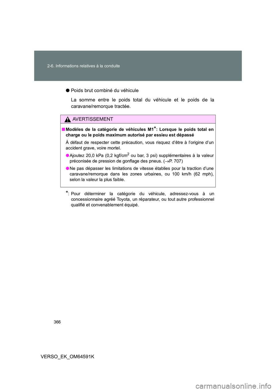 TOYOTA VERSO 2016  Notices Demploi (in French) 366 
2-6. Informations relatives à la conduite
VERSO_EK_OM64591K 
● Poids brut combiné du véhicule 
La somme entre le poids total du véhicule et le poids de la 
caravane/remorque tractée.
*: Po