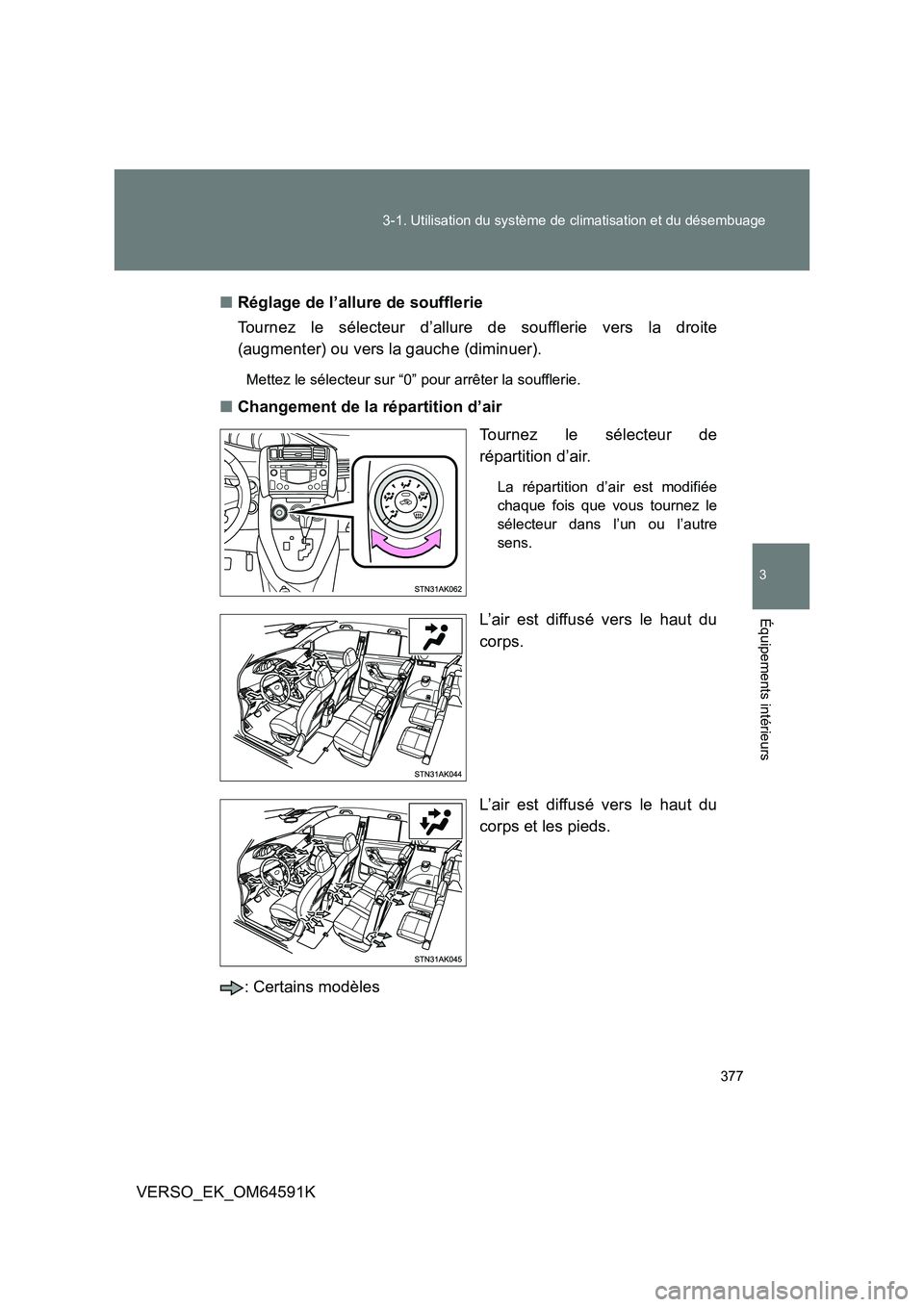 TOYOTA VERSO 2016  Notices Demploi (in French) 377 
3-1. Utilisation du système de climatisation et du désembuage
3
Équipements intérieurs
VERSO_EK_OM64591K 
■ Réglage de l’allure de soufflerie 
Tournez le sélecteur d’allure de souffle
