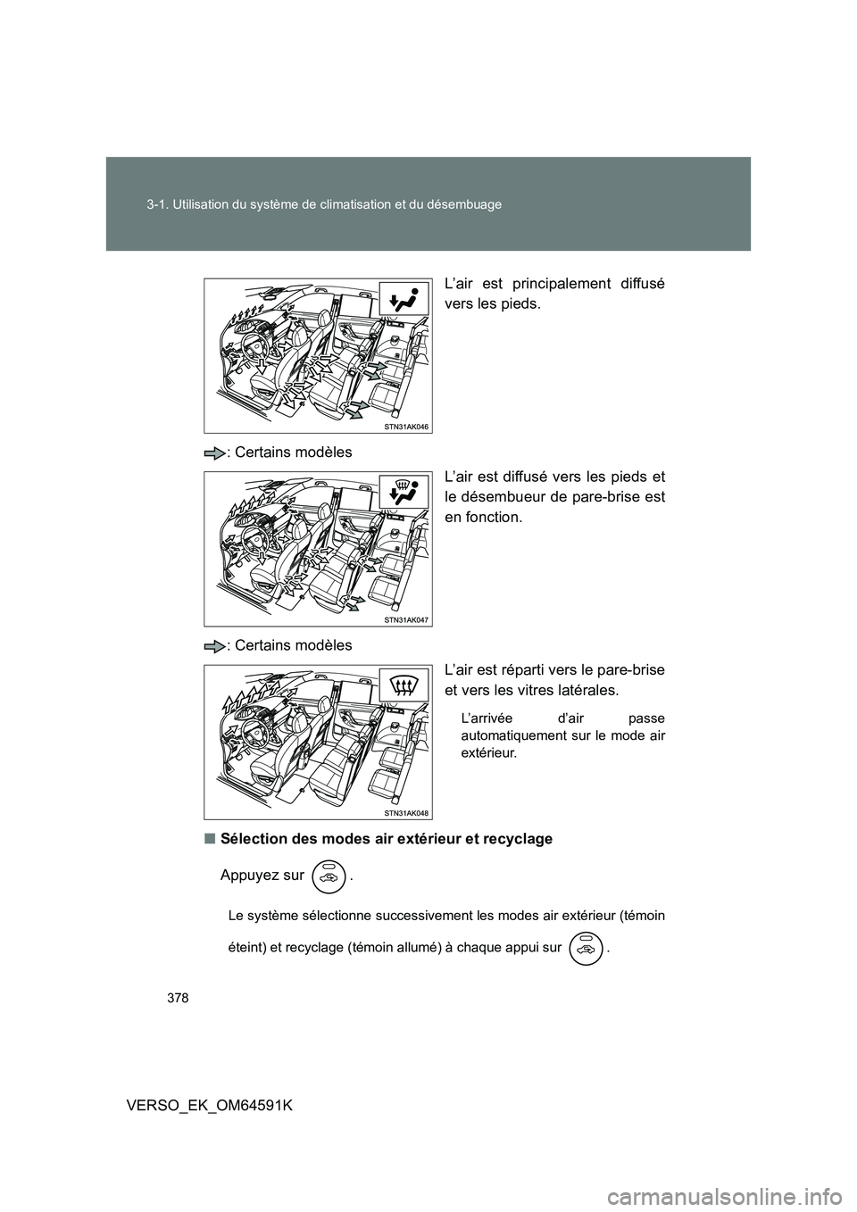 TOYOTA VERSO 2016  Notices Demploi (in French) 378 
3-1. Utilisation du système de climatisation et du désembuage
VERSO_EK_OM64591K 
L’air est principalement diffusé 
vers les pieds. 
: Certains modèles 
L’air est diffusé vers les pieds e