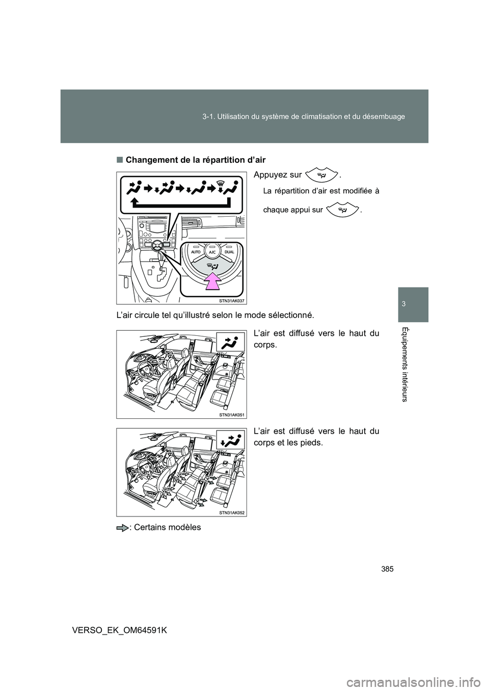 TOYOTA VERSO 2016  Notices Demploi (in French) 385 
3-1. Utilisation du système de climatisation et du désembuage
3
Équipements intérieurs
VERSO_EK_OM64591K 
■ Changement de la répartition d’air 
Appuyez sur  .
La répartition d’air est