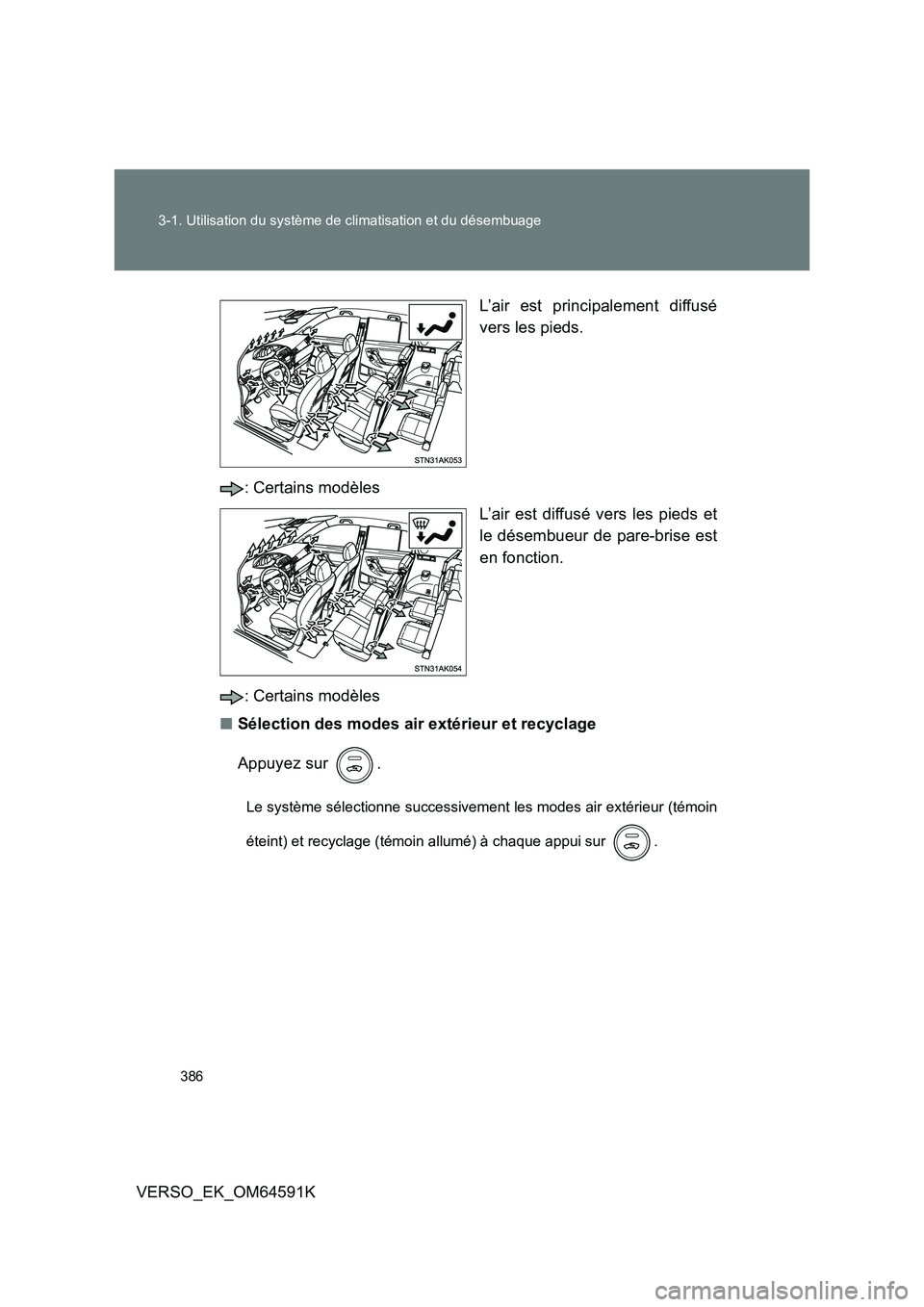 TOYOTA VERSO 2016  Notices Demploi (in French) 386 
3-1. Utilisation du système de climatisation et du désembuage
VERSO_EK_OM64591K 
L’air est principalement diffusé 
vers les pieds. 
: Certains modèles 
L’air est diffusé vers les pieds e