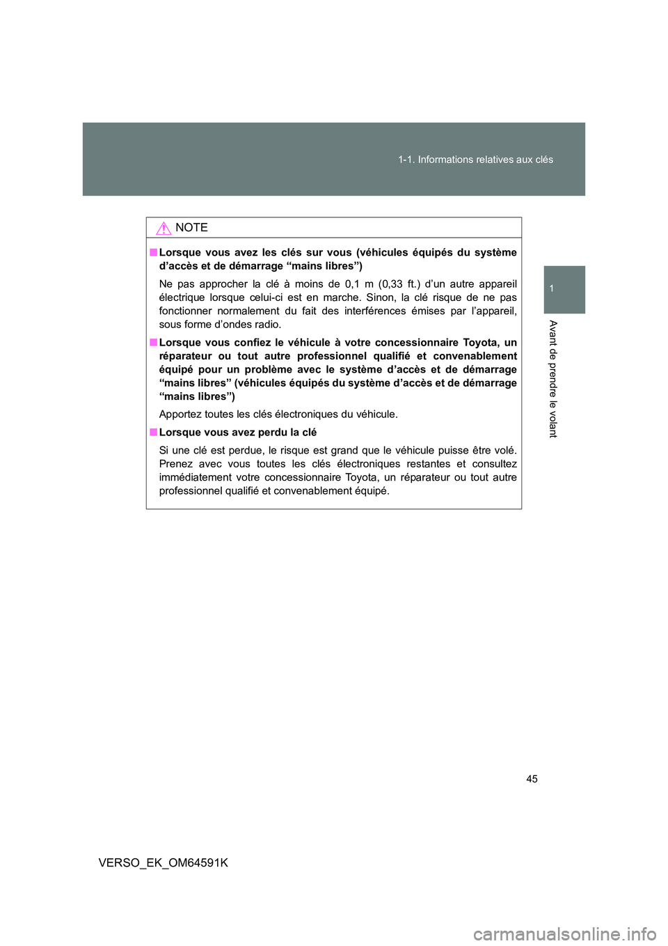 TOYOTA VERSO 2016 Notices Demploi (in French) 45
1-1. Informations relatives aux clés
1
Avant de prendre le volant
VERSO_EK_OM64591K
NOTE
■ Lorsque vous avez les clés sur vous (véhicules équipés du système
d’accès et de démarrage TOYOTA VERSO 2016 Notices Demploi (in French) 45
1-1. Informations relatives aux clés
1
Avant de prendre le volant
VERSO_EK_OM64591K
NOTE
■ Lorsque vous avez les clés sur vous (véhicules équipés du système
d’accès et de démarrage