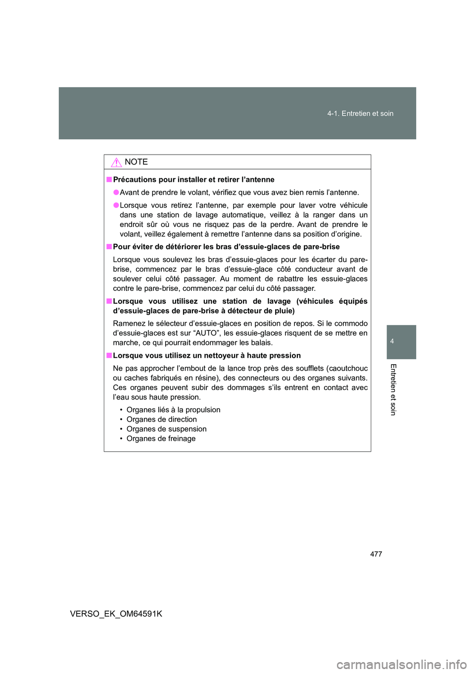 TOYOTA VERSO 2016 Notices Demploi (in French) 477
4-1. Entretien et soin
4
Entretien et soin
VERSO_EK_OM64591K
NOTE
■ Précautions pour installer et retirer l’antenne
● Avant de prendre le volant, vérifiez que vous avez bien remis l’an TOYOTA VERSO 2016 Notices Demploi (in French) 477
4-1. Entretien et soin
4
Entretien et soin
VERSO_EK_OM64591K
NOTE
■ Précautions pour installer et retirer l’antenne
● Avant de prendre le volant, vérifiez que vous avez bien remis l’an
