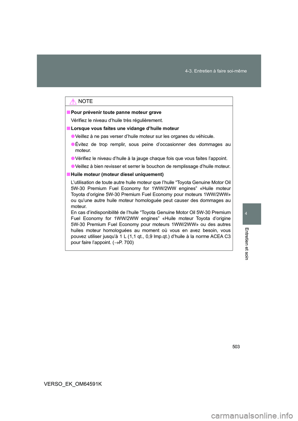 TOYOTA VERSO 2016 Notices Demploi (in French) 503
4-3. Entretien à faire soi-même
4
Entretien et soin
VERSO_EK_OM64591K
NOTE
■ Pour prévenir toute panne moteur grave
Vérifiez le niveau d’huile très régulièrement.
■ Lorsque vous fa TOYOTA VERSO 2016 Notices Demploi (in French) 503
4-3. Entretien à faire soi-même
4
Entretien et soin
VERSO_EK_OM64591K
NOTE
■ Pour prévenir toute panne moteur grave
Vérifiez le niveau d’huile très régulièrement.
■ Lorsque vous fa