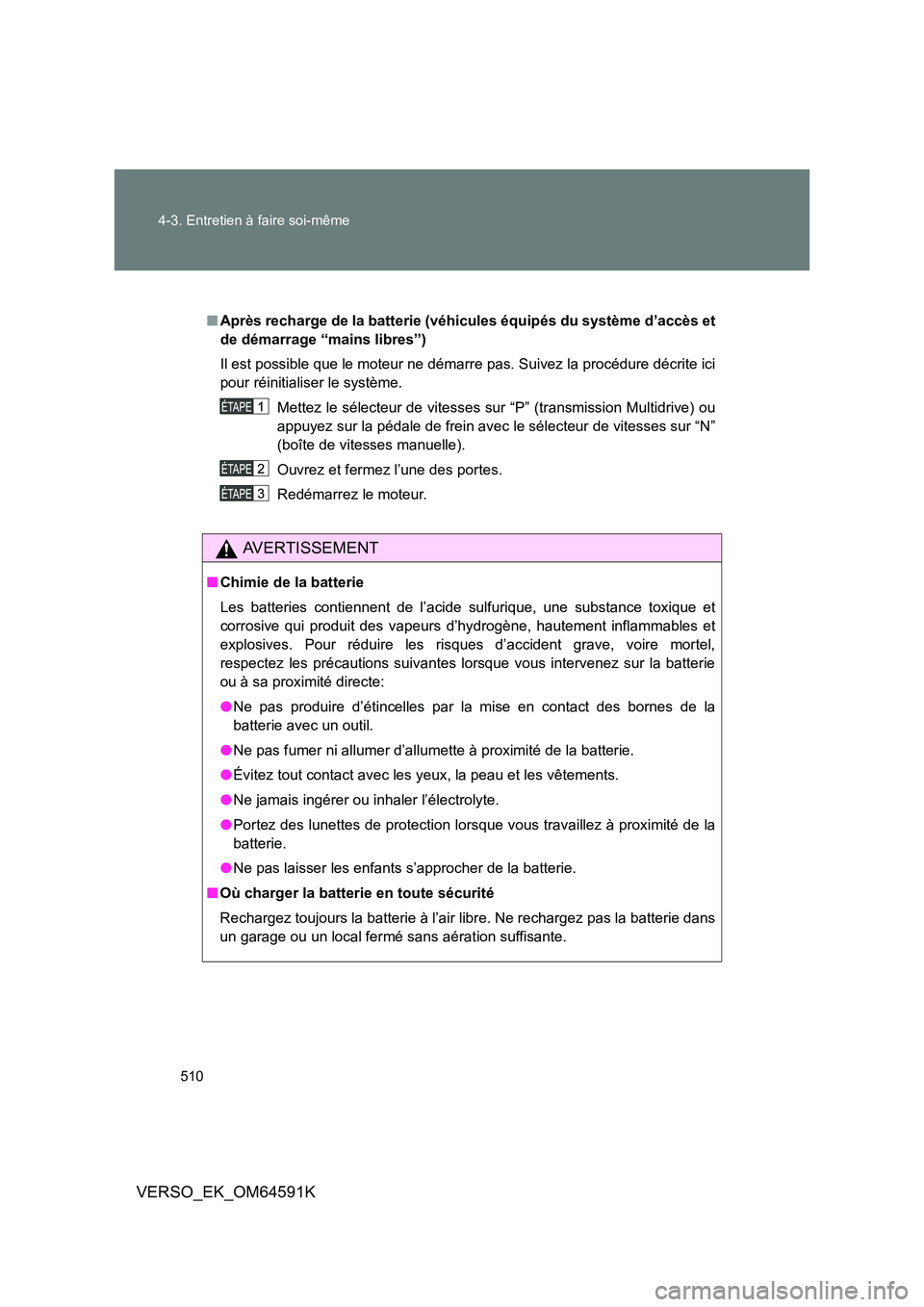 TOYOTA VERSO 2016 Notices Demploi (in French) 510
4-3. Entretien à faire soi-même
VERSO_EK_OM64591K
■ Après recharge de la batterie (véhicules équipés du système d’accès et
de démarrage “mains libres”)
Il est possible que le m TOYOTA VERSO 2016 Notices Demploi (in French) 510
4-3. Entretien à faire soi-même
VERSO_EK_OM64591K
■ Après recharge de la batterie (véhicules équipés du système d’accès et
de démarrage “mains libres”)
Il est possible que le m