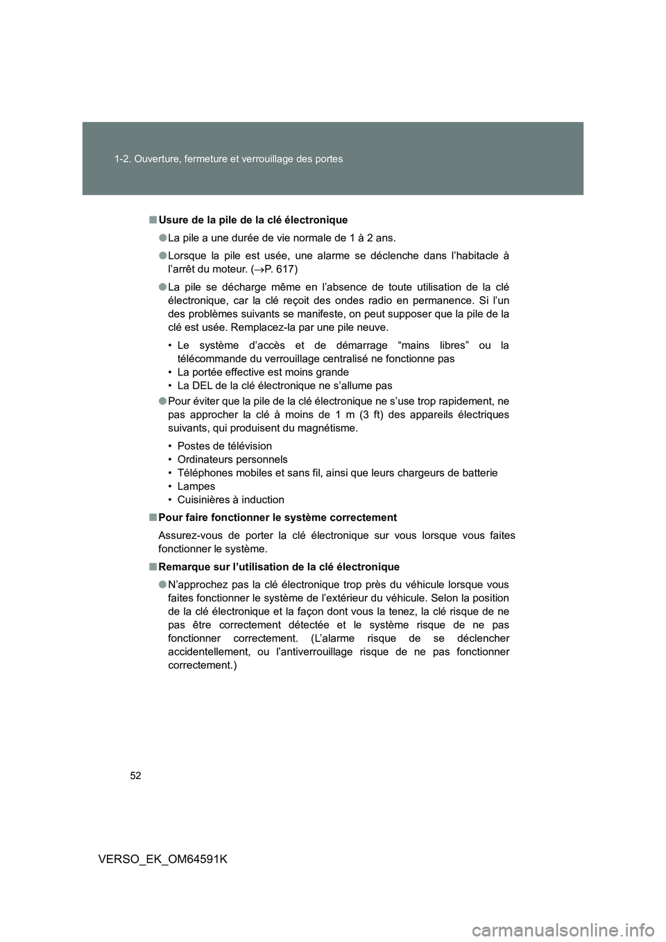 TOYOTA VERSO 2016 Notices Demploi (in French) 52
1-2. Ouverture, fermeture et verrouillage des portes
VERSO_EK_OM64591K
■ Usure de la pile de la clé électronique
● La pile a une durée de vie normale de 1 à 2 ans.
● Lorsque la pile es TOYOTA VERSO 2016 Notices Demploi (in French) 52
1-2. Ouverture, fermeture et verrouillage des portes
VERSO_EK_OM64591K
■ Usure de la pile de la clé électronique
● La pile a une durée de vie normale de 1 à 2 ans.
● Lorsque la pile es