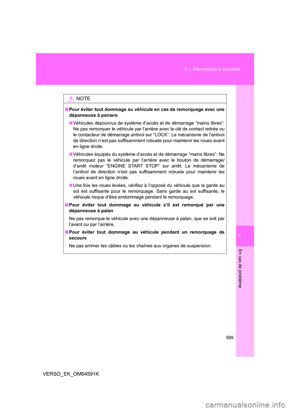 TOYOTA VERSO 2016 Notices Demploi (in French) 5
589
5-1. Informations à connaître
En cas de problème
VERSO_EK_OM64591K
NOTE
■ Pour éviter tout dommage au véhicule en cas de remorquage avec une
dépanneuse à paniers
● Véhicules dépo TOYOTA VERSO 2016 Notices Demploi (in French) 5
589
5-1. Informations à connaître
En cas de problème
VERSO_EK_OM64591K
NOTE
■ Pour éviter tout dommage au véhicule en cas de remorquage avec une
dépanneuse à paniers
● Véhicules dépo