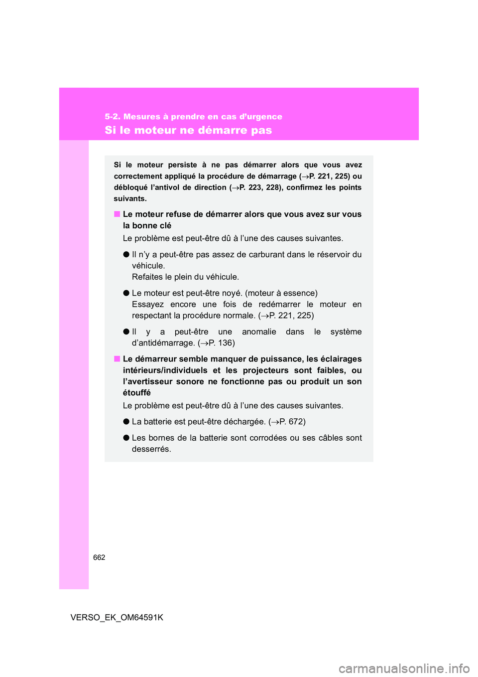 TOYOTA VERSO 2016 Notices Demploi (in French) 662
5-2. Mesures à prendre en cas d’urgence
VERSO_EK_OM64591K
Si le moteur ne démarre pas
Si le moteur persiste à ne pas démarrer alors que vous avez
correctement appliqué la procédure de dé TOYOTA VERSO 2016 Notices Demploi (in French) 662
5-2. Mesures à prendre en cas d’urgence
VERSO_EK_OM64591K
Si le moteur ne démarre pas
Si le moteur persiste à ne pas démarrer alors que vous avez
correctement appliqué la procédure de dé