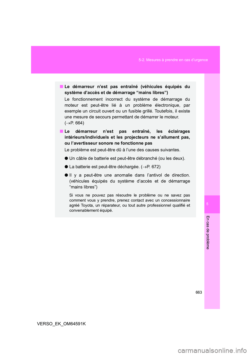 TOYOTA VERSO 2016 Notices Demploi (in French) 5
663
5-2. Mesures à prendre en cas d’urgence
En cas de problème
VERSO_EK_OM64591K
■ Le démarreur n’est pas entraîné (véhicules équipés du
système d’accès et de démarrage “mains TOYOTA VERSO 2016 Notices Demploi (in French) 5
663
5-2. Mesures à prendre en cas d’urgence
En cas de problème
VERSO_EK_OM64591K
■ Le démarreur n’est pas entraîné (véhicules équipés du
système d’accès et de démarrage “mains