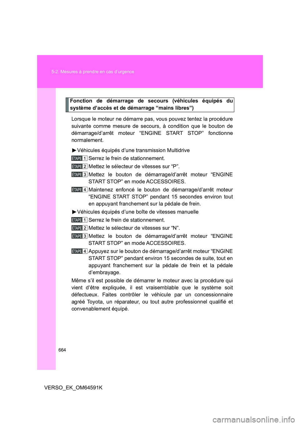 TOYOTA VERSO 2016 Notices Demploi (in French) 664
5-2. Mesures à prendre en cas d’urgence
VERSO_EK_OM64591K
Fonction de démarrage de secours (véhicules équipés du
système d’accès et de démarrage “mains libres”)
Lorsque le moteu TOYOTA VERSO 2016 Notices Demploi (in French) 664
5-2. Mesures à prendre en cas d’urgence
VERSO_EK_OM64591K
Fonction de démarrage de secours (véhicules équipés du
système d’accès et de démarrage “mains libres”)
Lorsque le moteu
