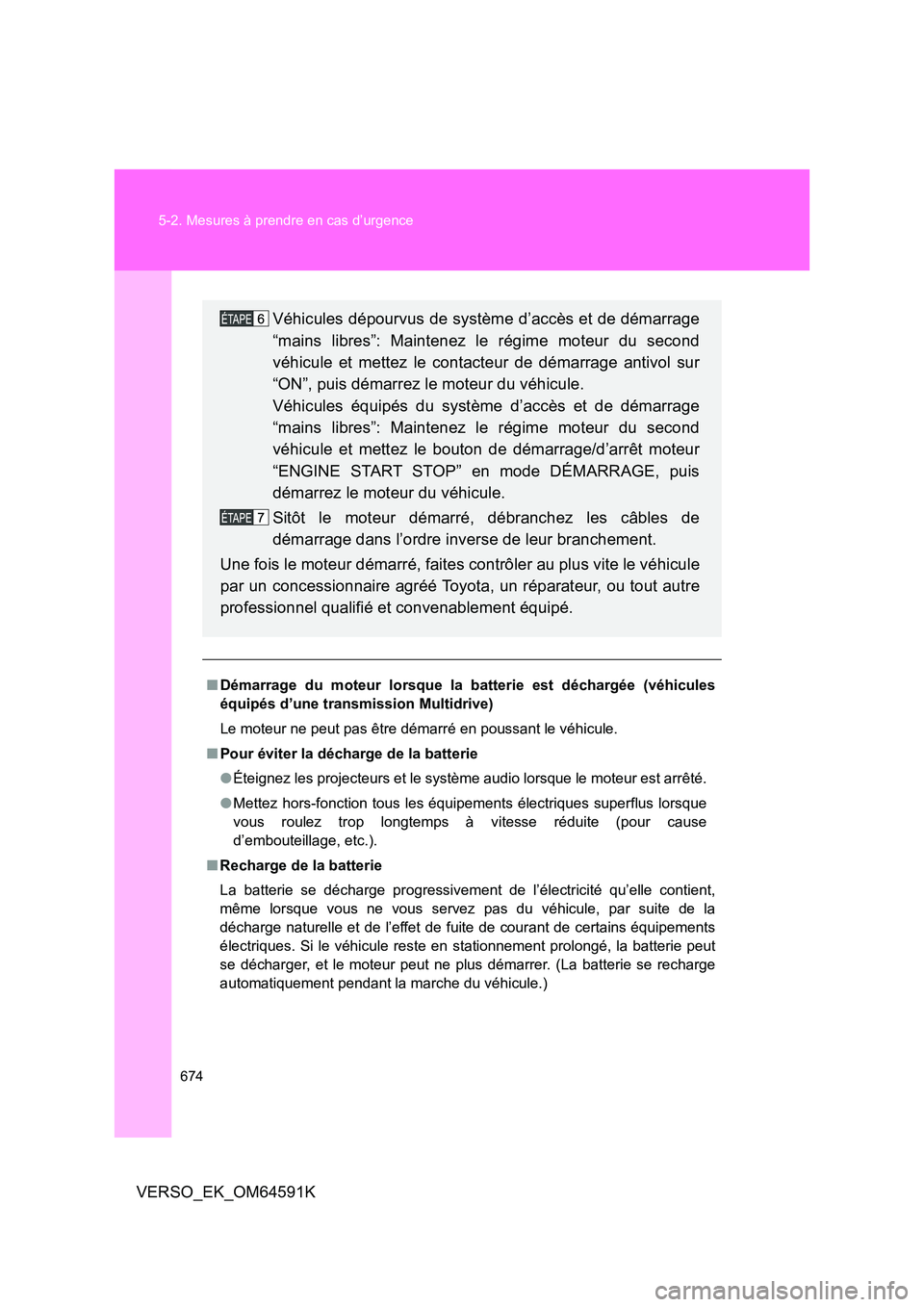 TOYOTA VERSO 2016 Notices Demploi (in French) 674
5-2. Mesures à prendre en cas d’urgence
VERSO_EK_OM64591K
■ Démarrage du moteur lorsque la batterie est déchargée (véhicules
équipés d’une transmission Multidrive)
Le moteur ne peu TOYOTA VERSO 2016 Notices Demploi (in French) 674
5-2. Mesures à prendre en cas d’urgence
VERSO_EK_OM64591K
■ Démarrage du moteur lorsque la batterie est déchargée (véhicules
équipés d’une transmission Multidrive)
Le moteur ne peu