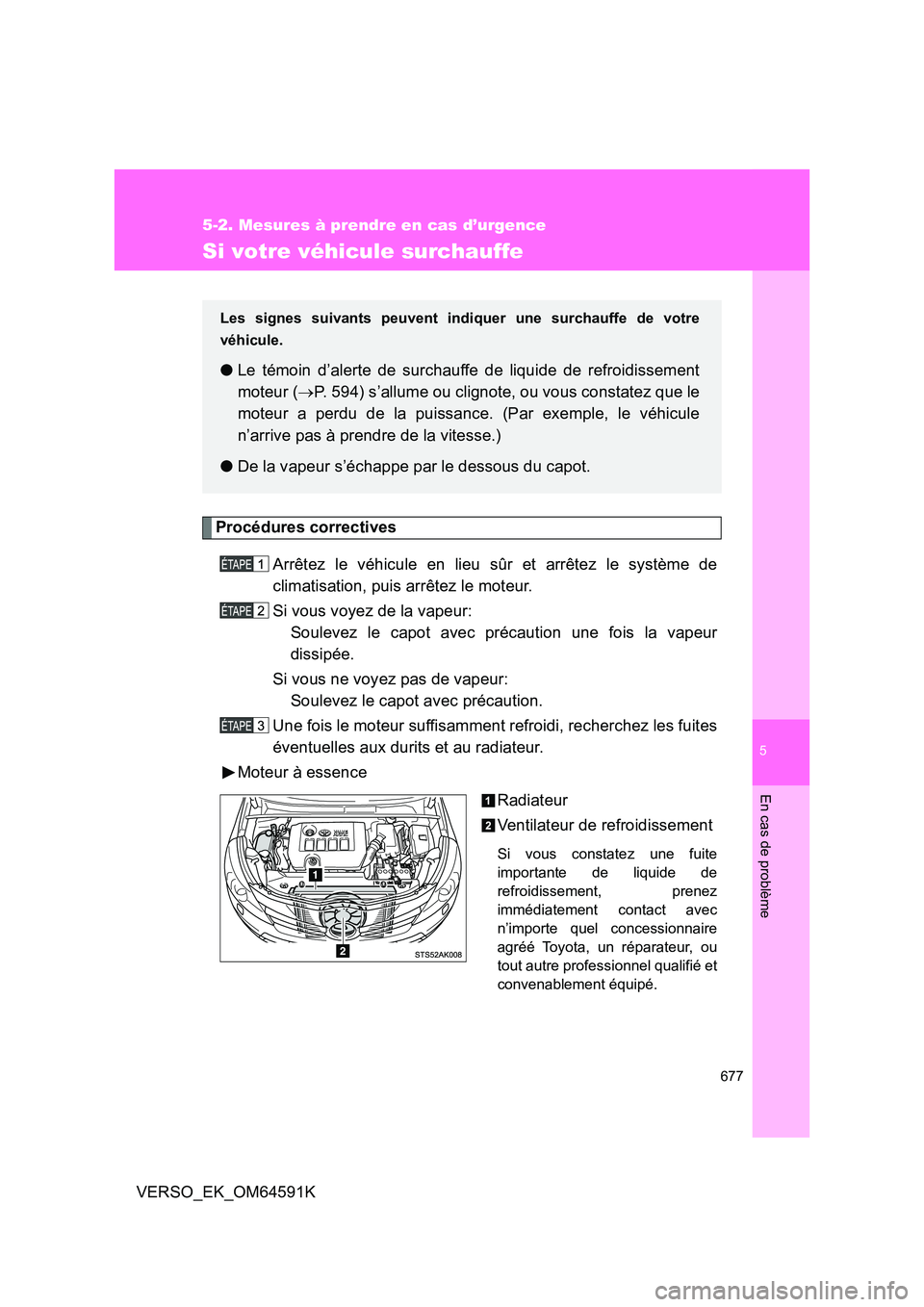TOYOTA VERSO 2016 Notices Demploi (in French) 5
677
5-2. Mesures à prendre en cas d’urgence
En cas de problème
VERSO_EK_OM64591K
Si votre véhicule surchauffe
Procédures correctives
Arrêtez le véhicule en lieu sûr et arrêtez le système TOYOTA VERSO 2016 Notices Demploi (in French) 5
677
5-2. Mesures à prendre en cas d’urgence
En cas de problème
VERSO_EK_OM64591K
Si votre véhicule surchauffe
Procédures correctives
Arrêtez le véhicule en lieu sûr et arrêtez le système