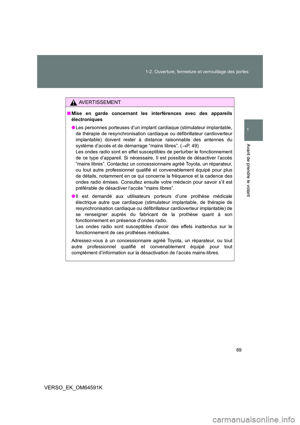TOYOTA VERSO 2016 Notices Demploi (in French) 69
1-2. Ouverture, fermeture et verrouillage des portes
1
Avant de prendre le volant
VERSO_EK_OM64591K
AVERTISSEMENT
■ Mise en garde concernant les interférences avec des appareils
électroniques TOYOTA VERSO 2016 Notices Demploi (in French) 69
1-2. Ouverture, fermeture et verrouillage des portes
1
Avant de prendre le volant
VERSO_EK_OM64591K
AVERTISSEMENT
■ Mise en garde concernant les interférences avec des appareils
électroniques