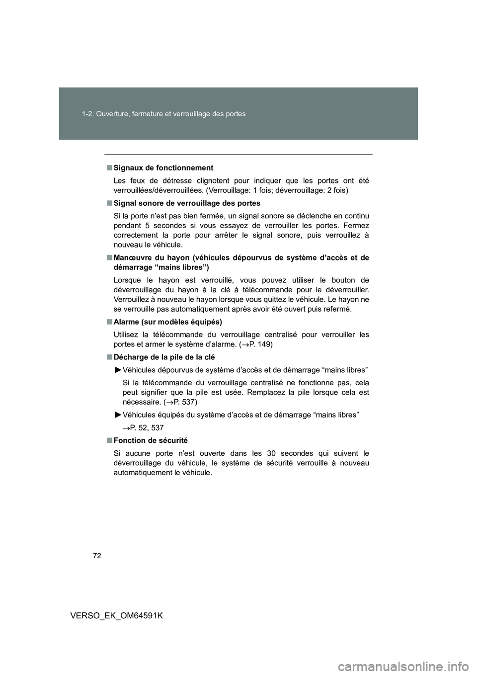 TOYOTA VERSO 2016 Notices Demploi (in French) 72
1-2. Ouverture, fermeture et verrouillage des portes
VERSO_EK_OM64591K
■ Signaux de fonctionnement
Les feux de détresse clignotent pour indiquer que les portes ont été
verrouillées/déverr TOYOTA VERSO 2016 Notices Demploi (in French) 72
1-2. Ouverture, fermeture et verrouillage des portes
VERSO_EK_OM64591K
■ Signaux de fonctionnement
Les feux de détresse clignotent pour indiquer que les portes ont été
verrouillées/déverr