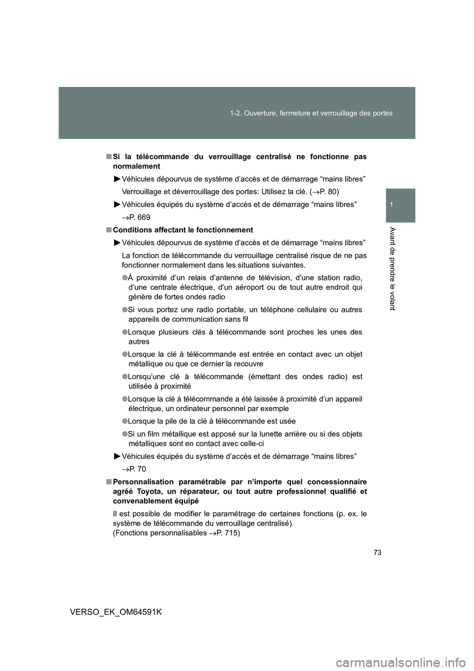 TOYOTA VERSO 2016 Notices Demploi (in French) 73
1-2. Ouverture, fermeture et verrouillage des portes
1
Avant de prendre le volant
VERSO_EK_OM64591K
■ Si la télécommande du verrouillage centralisé ne fonctionne pas
normalement
Véhicules TOYOTA VERSO 2016 Notices Demploi (in French) 73
1-2. Ouverture, fermeture et verrouillage des portes
1
Avant de prendre le volant
VERSO_EK_OM64591K
■ Si la télécommande du verrouillage centralisé ne fonctionne pas
normalement
Véhicules