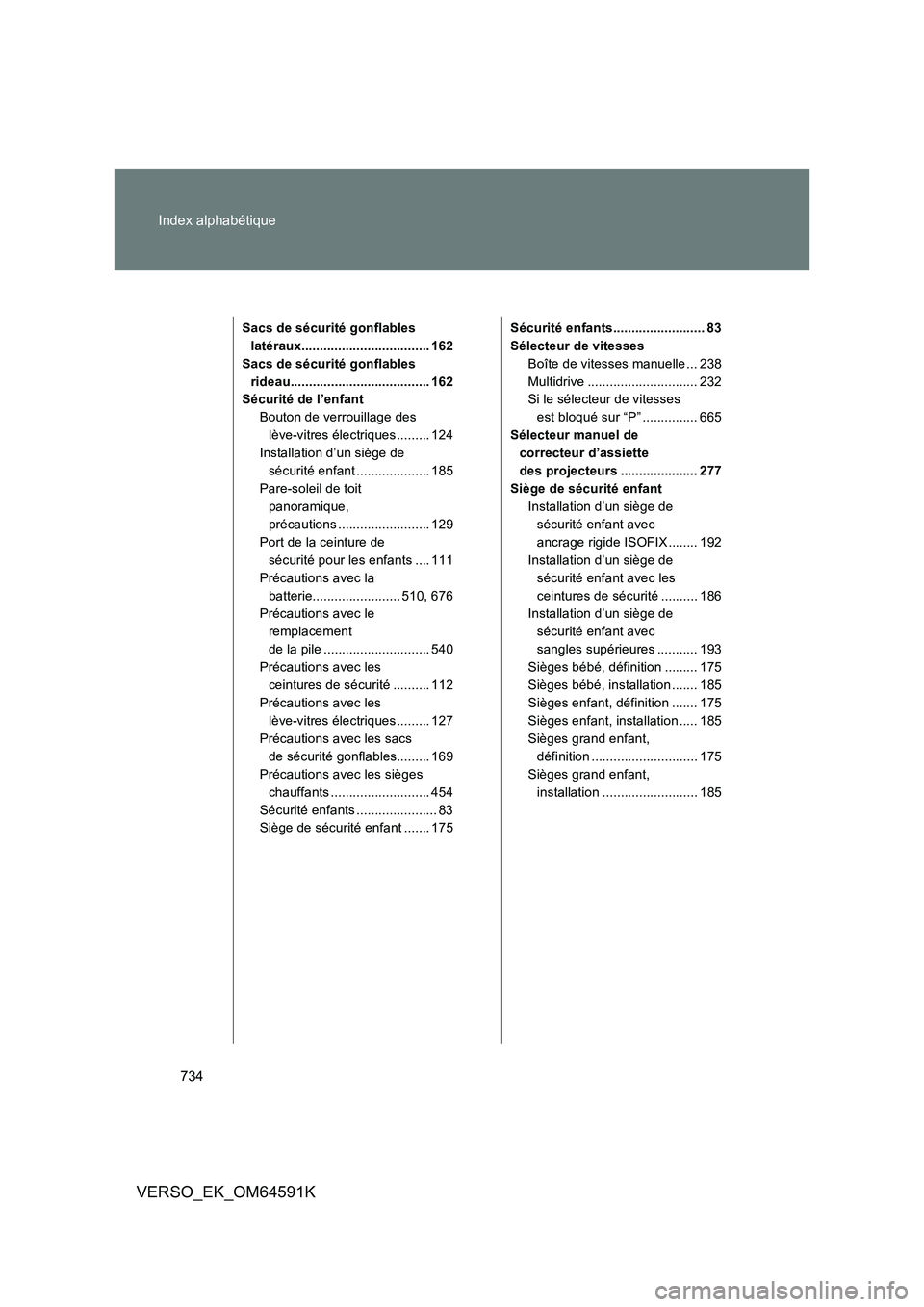 TOYOTA VERSO 2016 Notices Demploi (in French) 734
Index alphabétique
VERSO_EK_OM64591K
Sacs de sécurité gonflables
latéraux................................... 162
Sacs de sécurité gonflables
rideau...................................... TOYOTA VERSO 2016 Notices Demploi (in French) 734
Index alphabétique
VERSO_EK_OM64591K
Sacs de sécurité gonflables
latéraux................................... 162
Sacs de sécurité gonflables
rideau......................................