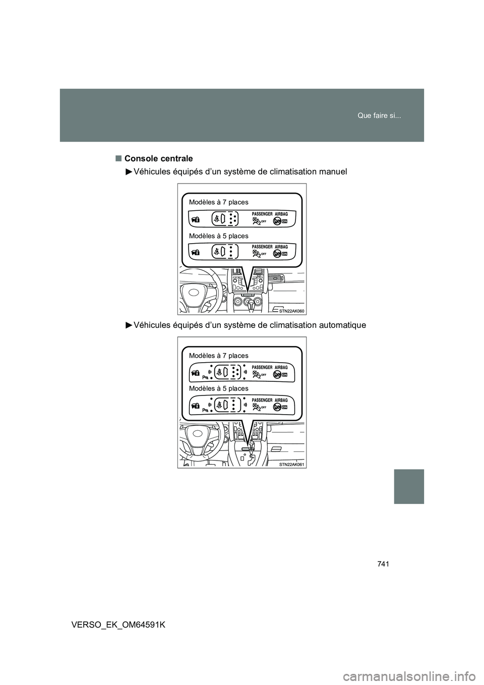 TOYOTA VERSO 2016  Notices Demploi (in French) 741 
Que faire si...
VERSO_EK_OM64591K 
■ Console centrale 
Véhicules équipés d’un système de climatisation manuel 
Véhicules équipés d’un système de climatisation automatique
Modèles 