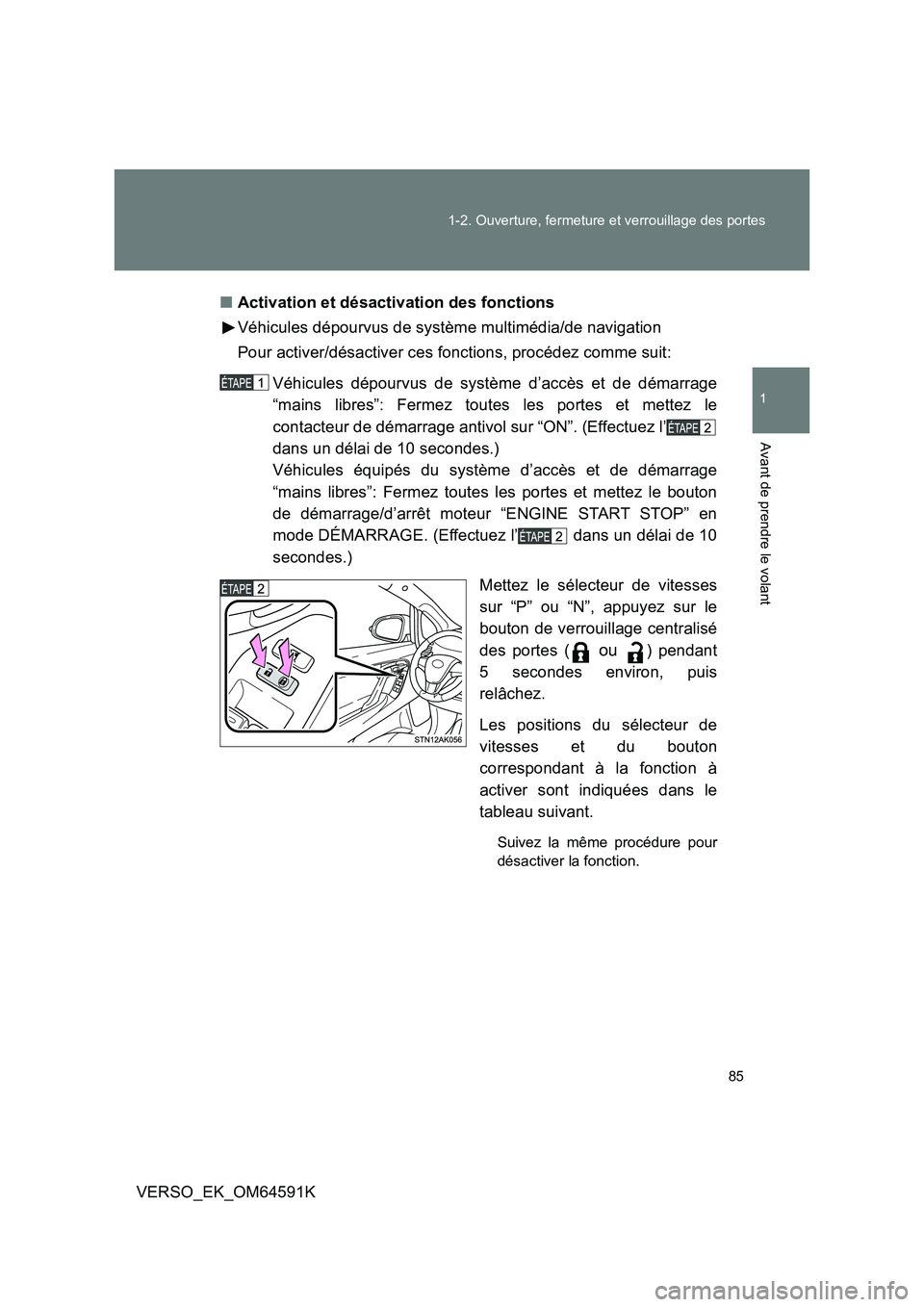 TOYOTA VERSO 2016 Notices Demploi (in French) 85
1-2. Ouverture, fermeture et verrouillage des portes
1
Avant de prendre le volant
VERSO_EK_OM64591K
■ Activation et désactivation des fonctions
Véhicules dépourvus de système multimédia/d TOYOTA VERSO 2016 Notices Demploi (in French) 85
1-2. Ouverture, fermeture et verrouillage des portes
1
Avant de prendre le volant
VERSO_EK_OM64591K
■ Activation et désactivation des fonctions
Véhicules dépourvus de système multimédia/d