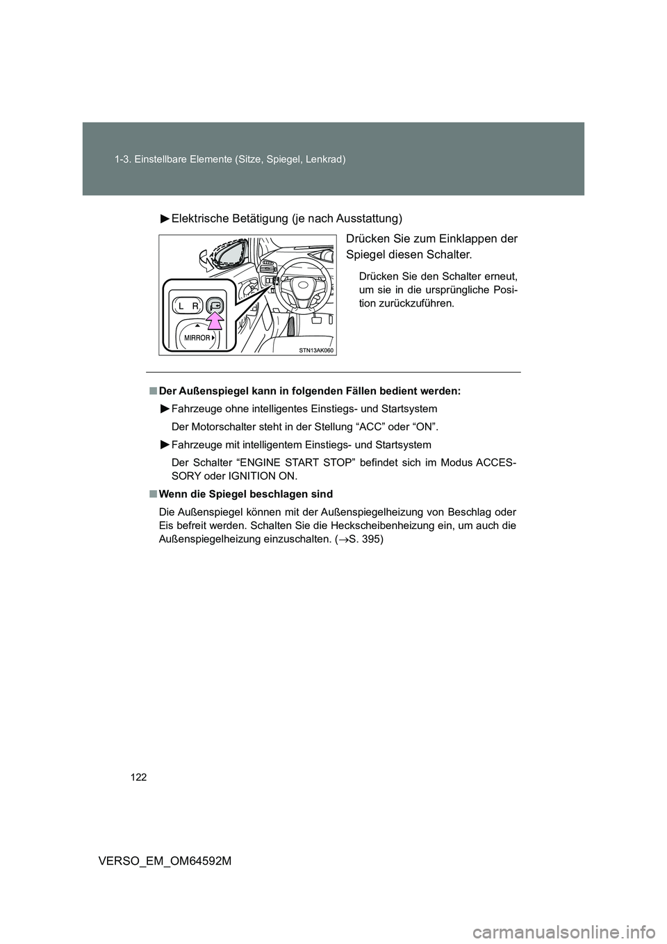 TOYOTA VERSO 2016  Betriebsanleitungen (in German) 122 
1-3. Einstellbare Elemente (Sitze, Spiegel, Lenkrad)
VERSO_EM_OM64592M 
Elektrische Betätigung (je nach Ausstattung) 
Drücken Sie zum Einklappen der 
Spiegel diesen Schalter.
Drücken Sie den S