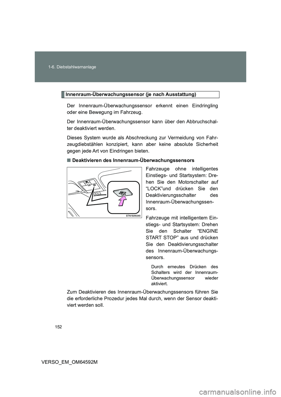 TOYOTA VERSO 2016  Betriebsanleitungen (in German) 152 
1-6. Diebstahlwarnanlage
VERSO_EM_OM64592M
Innenraum-Überwachungssensor (je nach Ausstattung) 
Der Innenraum-Überwachungssensor erkennt einen Eindringling 
oder eine Bewegung im Fahrzeug. 
Der 