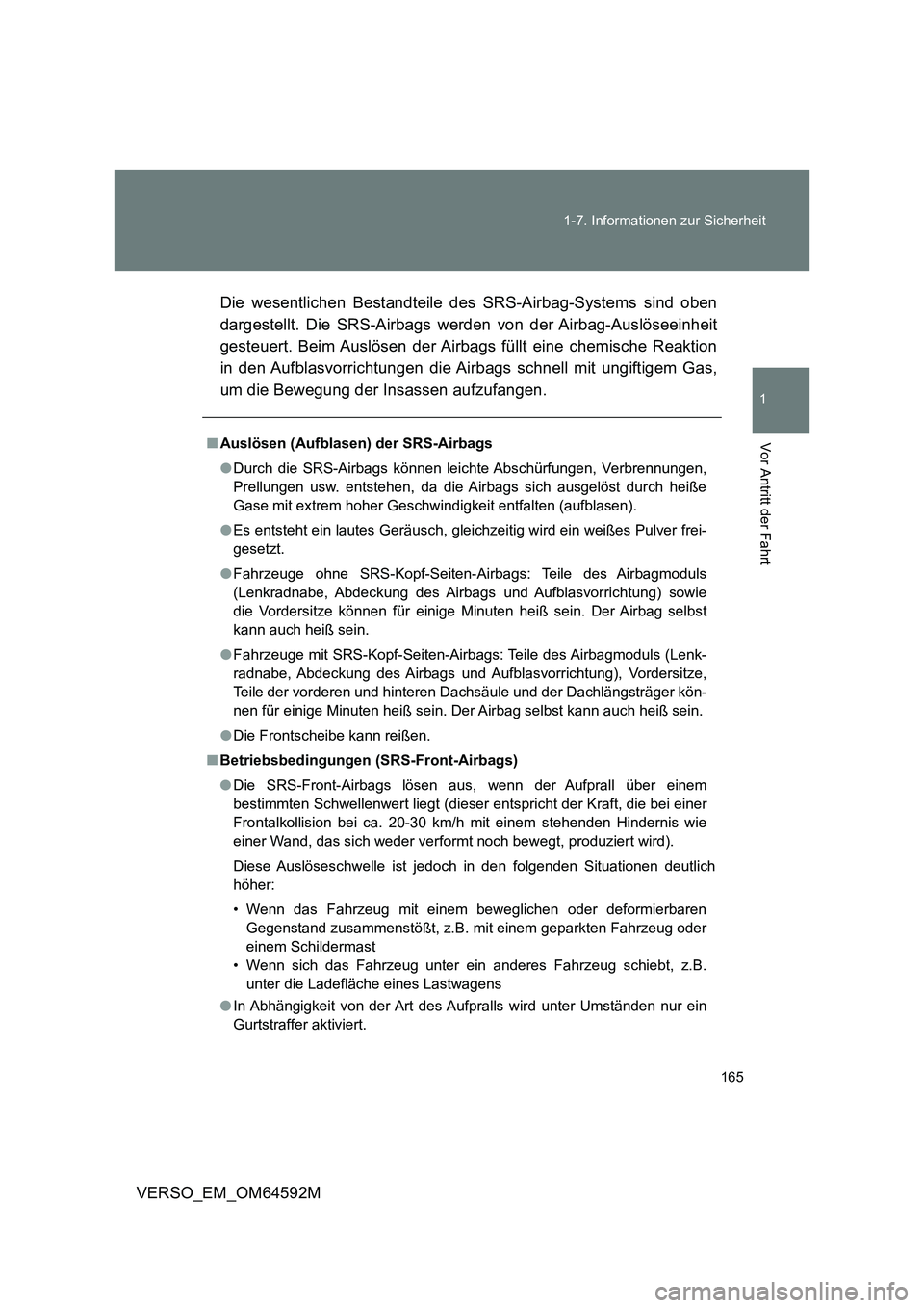 TOYOTA VERSO 2016  Betriebsanleitungen (in German) 165 
1-7. Informationen zur Sicherheit
1
Vor Antritt der Fahrt
VERSO_EM_OM64592M 
Die wesentlichen Bestandteile des SRS-Airbag-Systems sind oben 
dargestellt. Die SRS-Airbags werden von der Airbag-Aus
