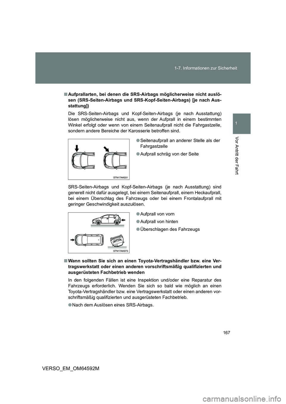 TOYOTA VERSO 2016  Betriebsanleitungen (in German) 167 
1-7. Informationen zur Sicherheit
1
Vor Antritt der Fahrt
VERSO_EM_OM64592M
■ Aufprallarten, bei denen die SRS-Airbags möglicherweise nicht auslö- 
sen (SRS-Seiten-Airbags und SRS-K opf-Seite