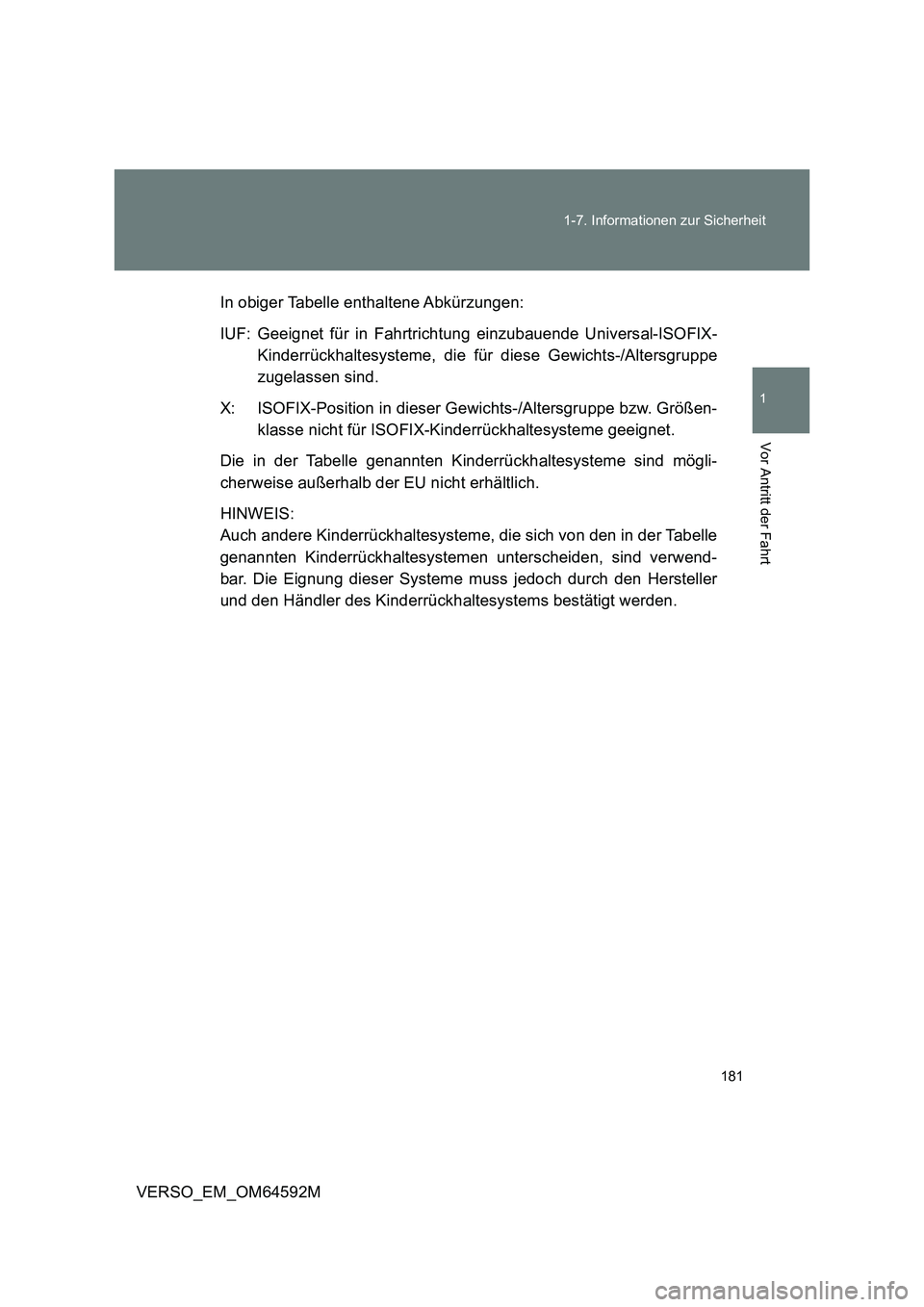 TOYOTA VERSO 2016  Betriebsanleitungen (in German) 181 
1-7. Informationen zur Sicherheit
1
Vor Antritt der Fahrt
VERSO_EM_OM64592M 
In obiger Tabelle enthaltene Abkürzungen: 
IUF: Geeignet für in Fahrtrichtung einzubauende Universal-ISOFIX- 
Kinder