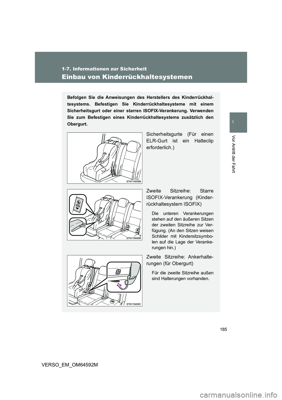 TOYOTA VERSO 2016  Betriebsanleitungen (in German) 185
1
1-7. Informationen zur Sicherheit
Vor Antritt der Fahrt
VERSO_EM_OM64592M
Einbau von Kinderrückhaltesystemen
Befolgen Sie die Anweisungen des Herstellers des Kinderrückhal- 
tesystems. Befesti
